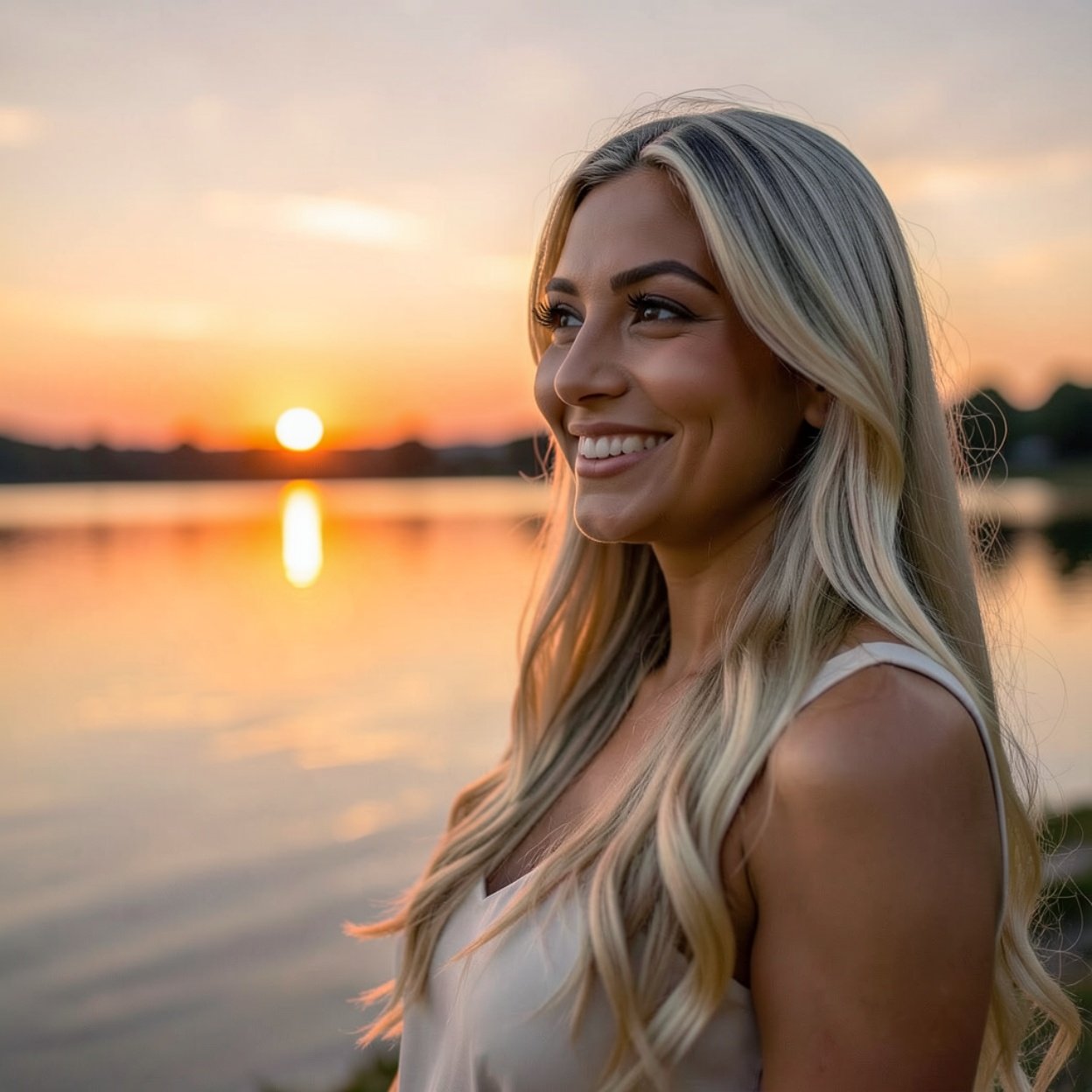 Close-up of a beautiful, smiling Arab woman with long blonde hair and a lovely figure, watching the sunset over a lake.