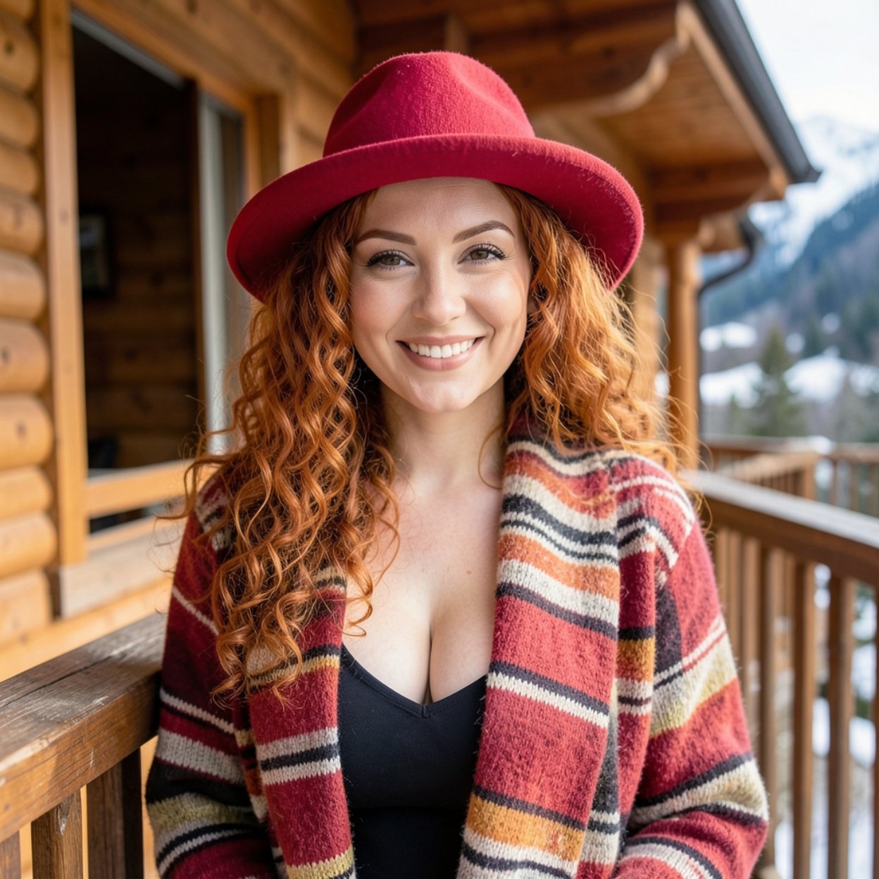 Close-up of a beautiful smiling Arab woman with long, curly red hair and a lovely bosom, leaning on the terrace of a wooden chalet, wearing a red hat and a striped wool shawl.