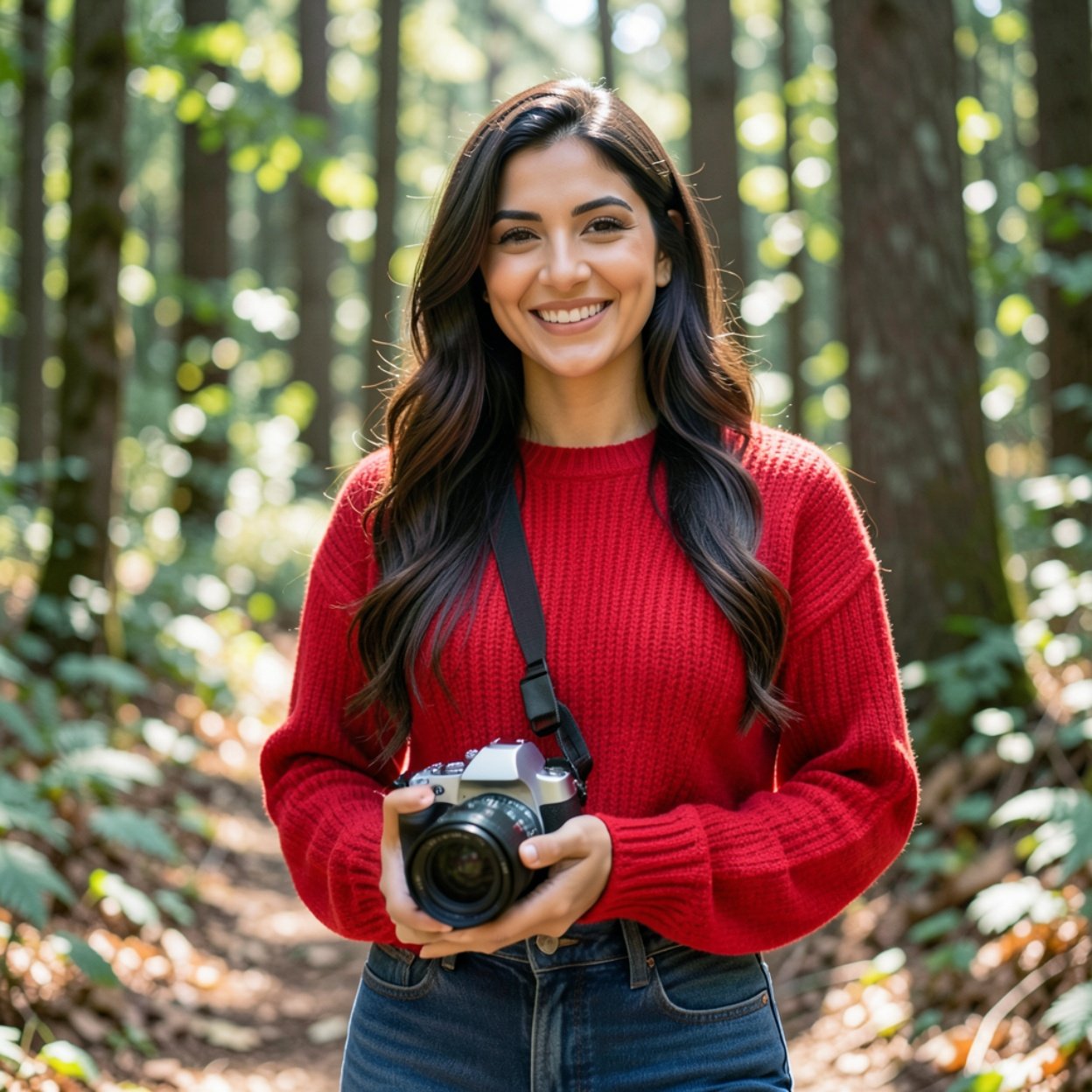 Close-up of a beautiful smiling Arab woman with long hair, a lovely bust, wearing a bright red wool sweater and jeans, with a camera in the forest.