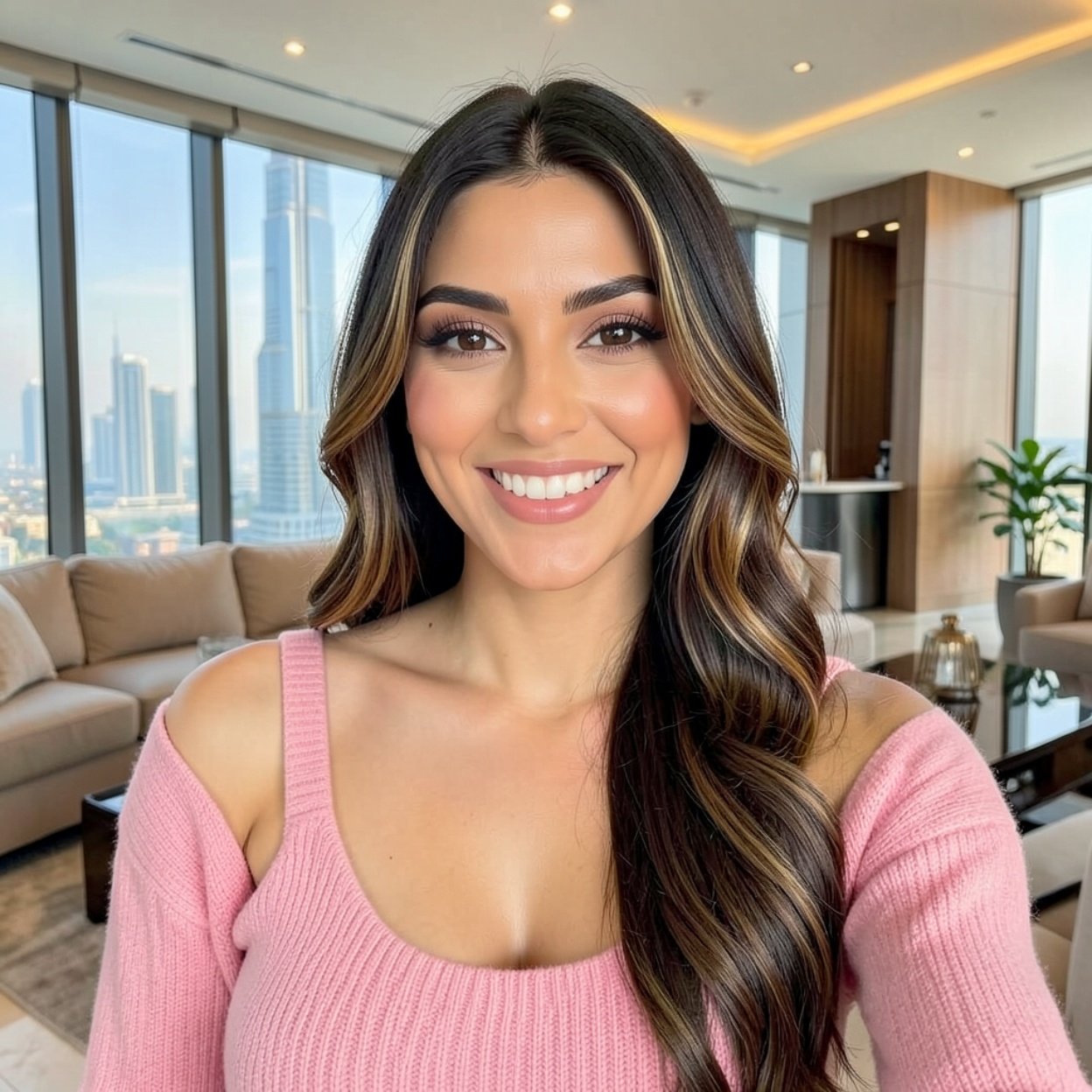 Close-up of a beautiful smiling Arab woman with long hair, a lovely bust, wearing a pink sweater with straps in her luxury apartment in Dubai.