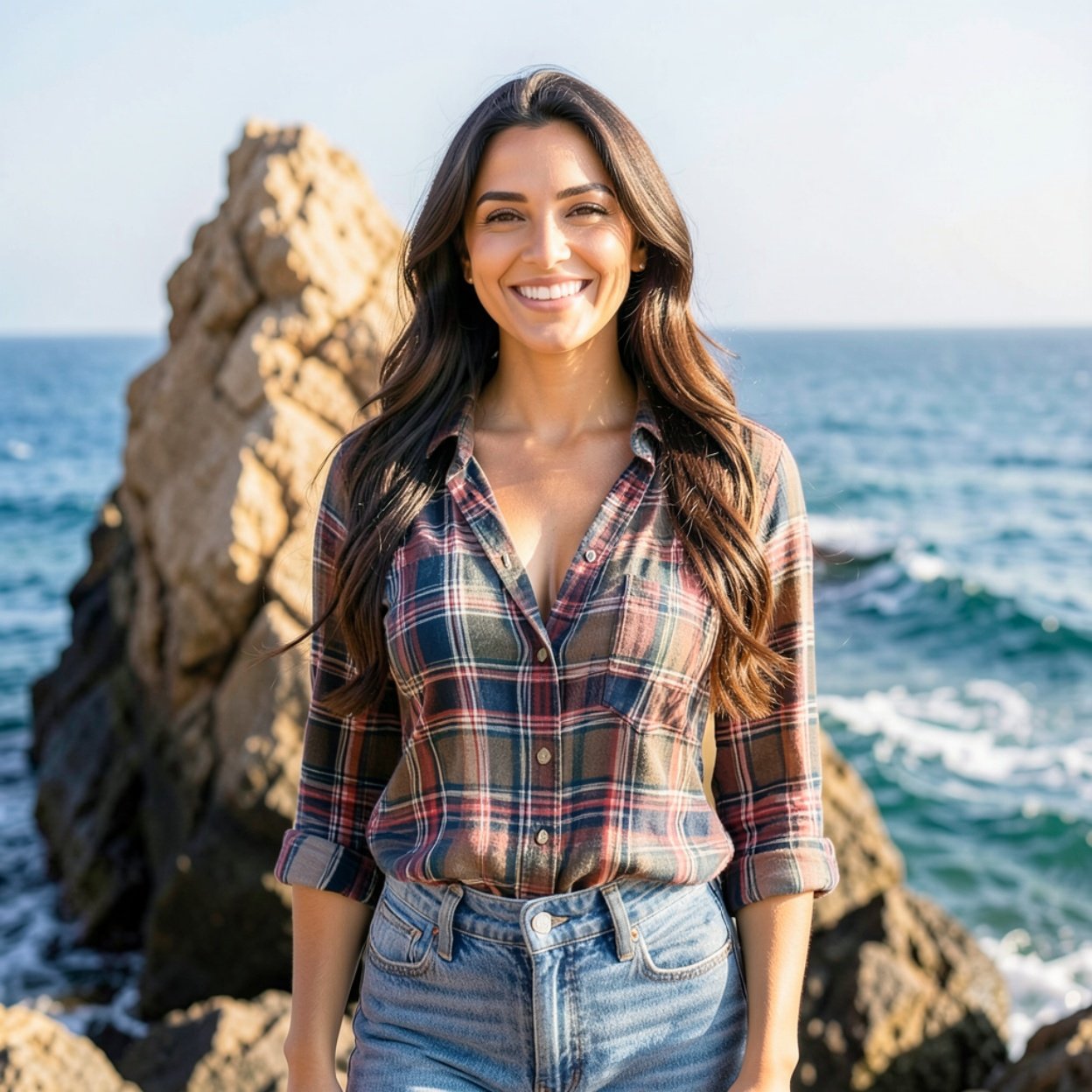 Close-up of a beautiful smiling Arab woman with long hair, a lovely bust, wearing a plaid blouse and jeans in front of a large rock in the sea.