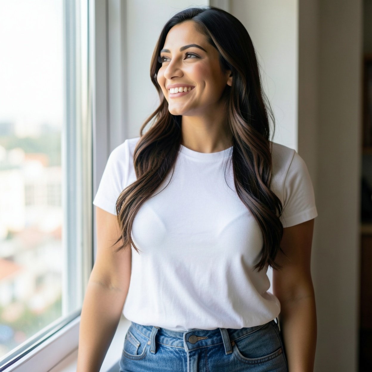 Close-up of a beautiful, smiling Arab woman with long hair, a lovely bust, wearing a white t-shirt and jeans, looking out the window.