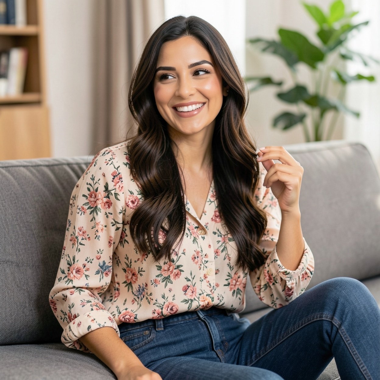 Close-up of a beautiful, smiling Arab woman with long hair, a lovely figure, wearing a floral blouse and jeans, listening to music on her sofa.