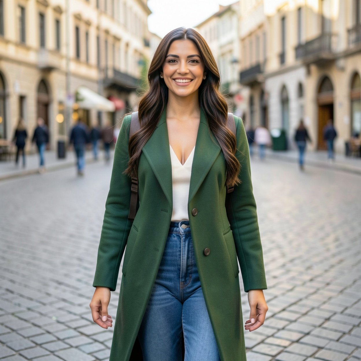 Close-up of a beautiful, smiling Arab woman with long hair, a lovely figure, wearing a green coat with a low-cut collar, jeans, and a backpack, walking on the cobblestones of the city square.