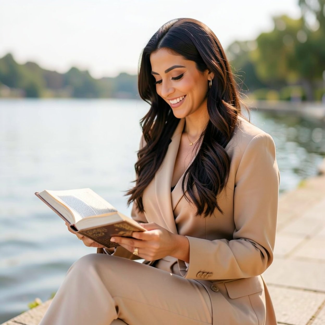 Close-up of a beautiful, smiling Arab woman with long hair, a lovely figure, well-dressed, reading a book by the water.
