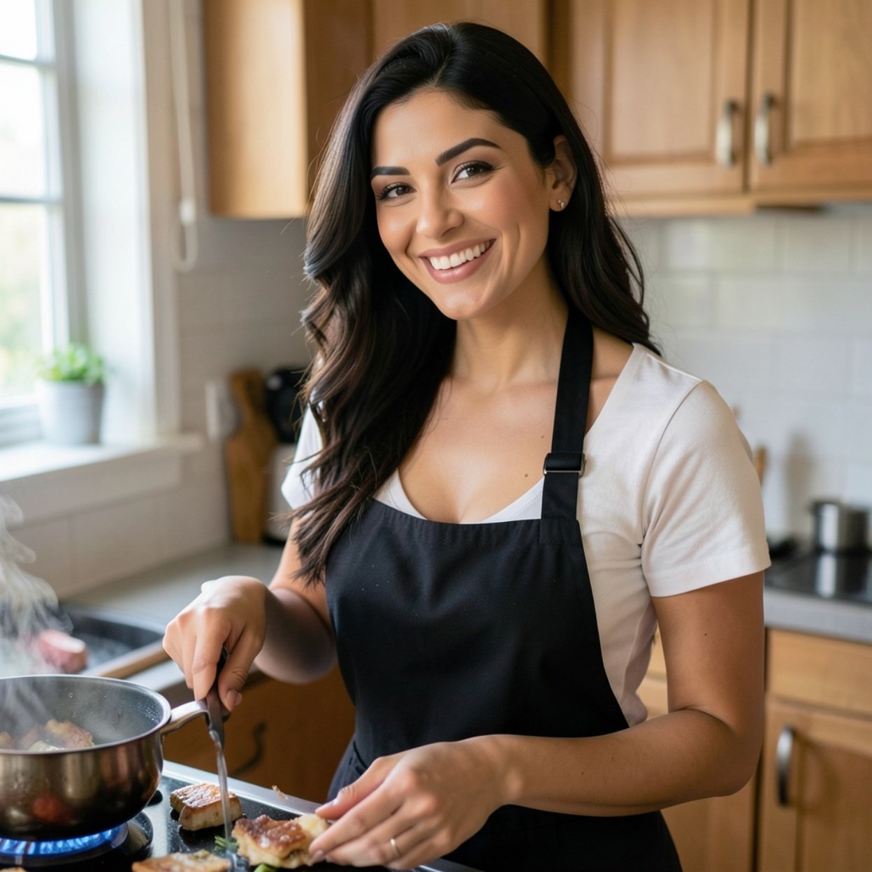Close-up of a beautiful, smiling Arab woman with long hair and a beautiful bust, wearing a black apron, cooking at home.