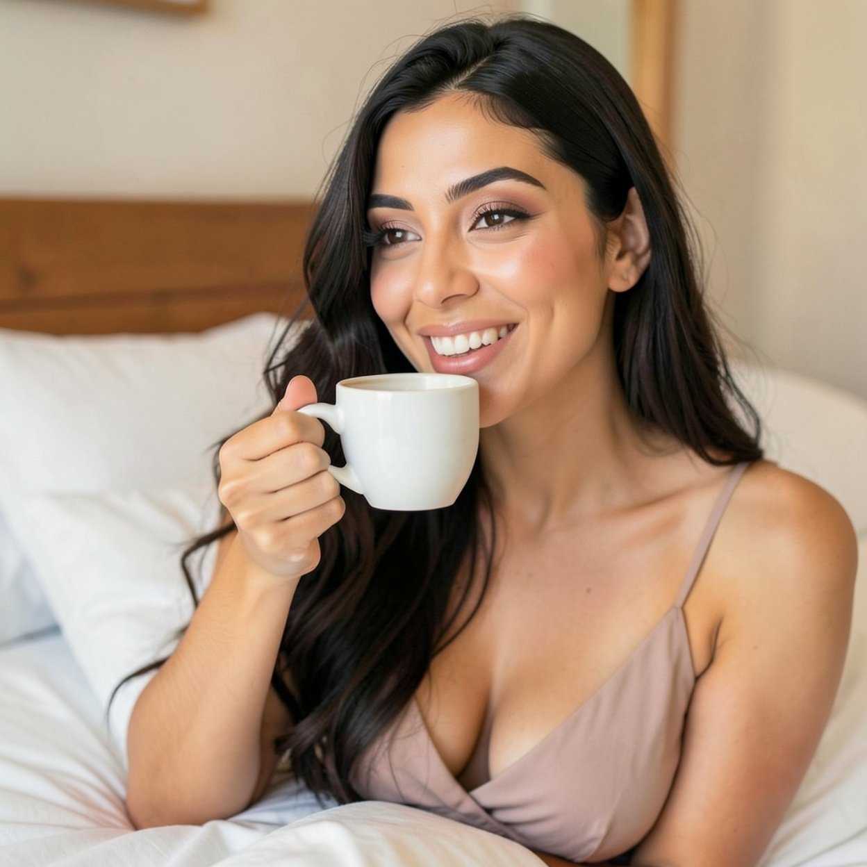 Close-up of a beautiful, smiling Arab woman with long hair and a lovely bust, drinking coffee in bed.