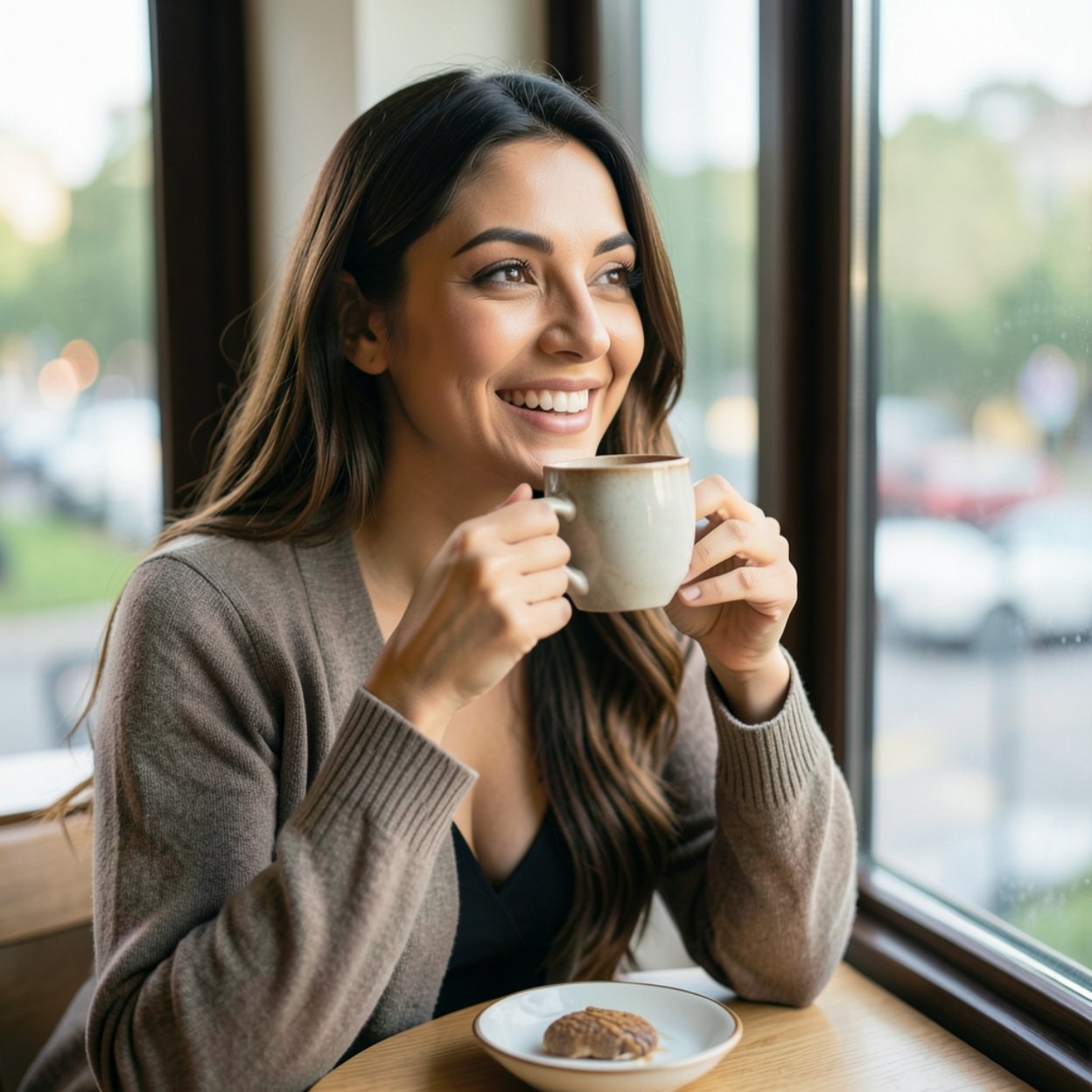 Close-up of a beautiful, smiling Arab woman with long hair and a lovely bust, looking out the window while drinking coffee.