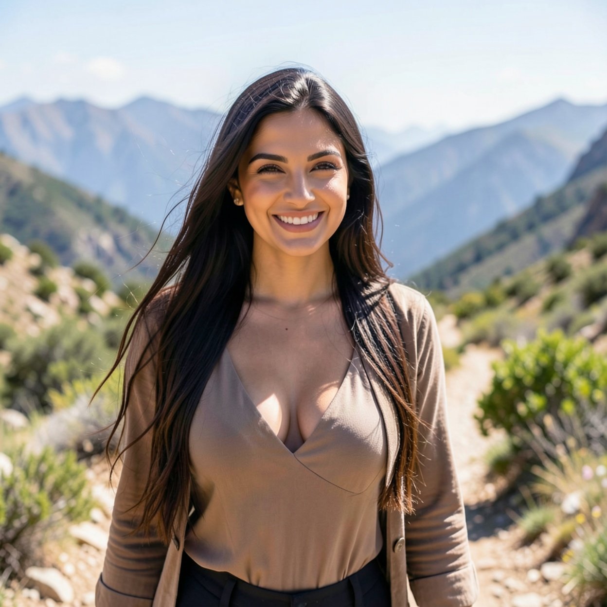 Close-up of a beautiful, smiling Arab woman with long hair and a lovely bust, walking along a mountain path