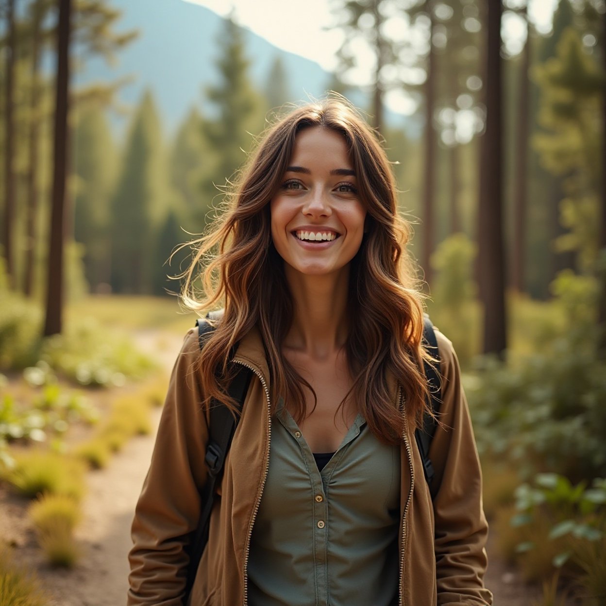 Close-up of a beautiful, smiling Arab woman with long hair and a lovely figure, enjoying a peaceful hike in a wild forest