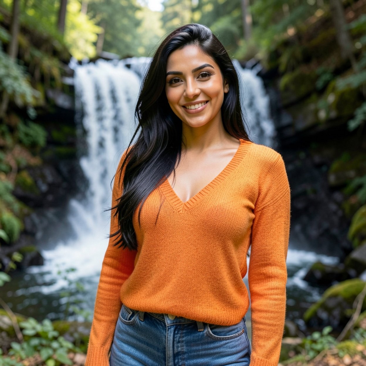 Close-up of a beautiful, smiling Arab woman with long hair and a lovely figure, wearing an orange sweater with a low neckline and jeans, standing in front of a waterfall in a forest.