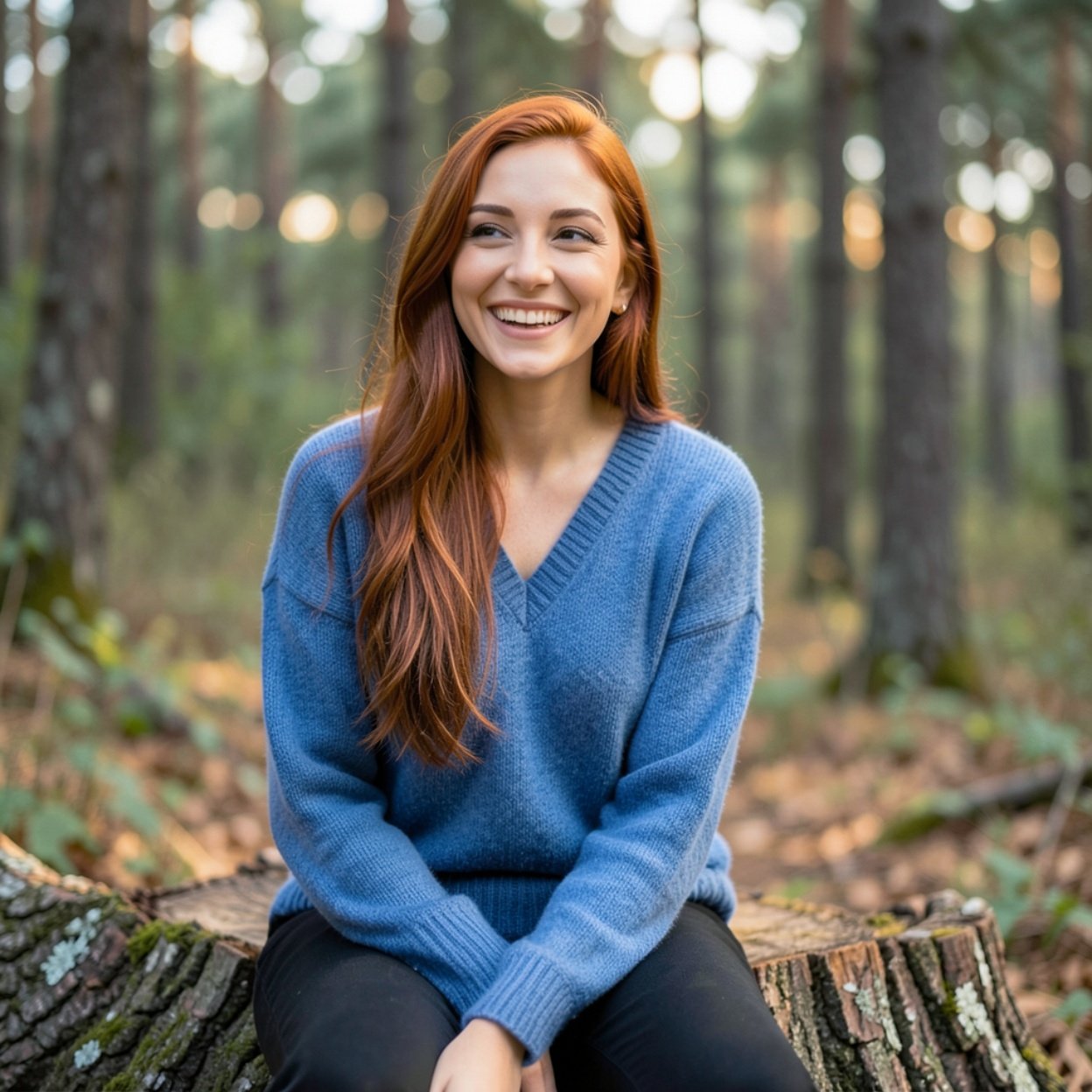 Close-up of a beautiful smiling Arab woman with long red hair, a beautiful chest, dressed in a blue wool sweater, sitting on a tree trunk in the woods and admiring the scenery.