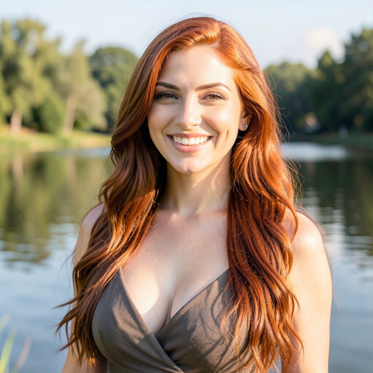 Close-up of a beautiful, smiling Arab woman with long red hair and a beautiful, long bust by a lake.