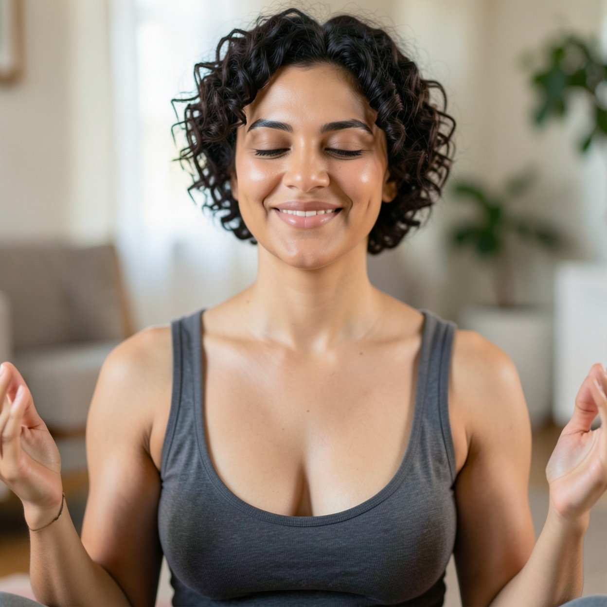 Close-up of a beautiful smiling Arab woman with short curly hair and a beautiful chest, finding tranquility and mental well-being in meditation.