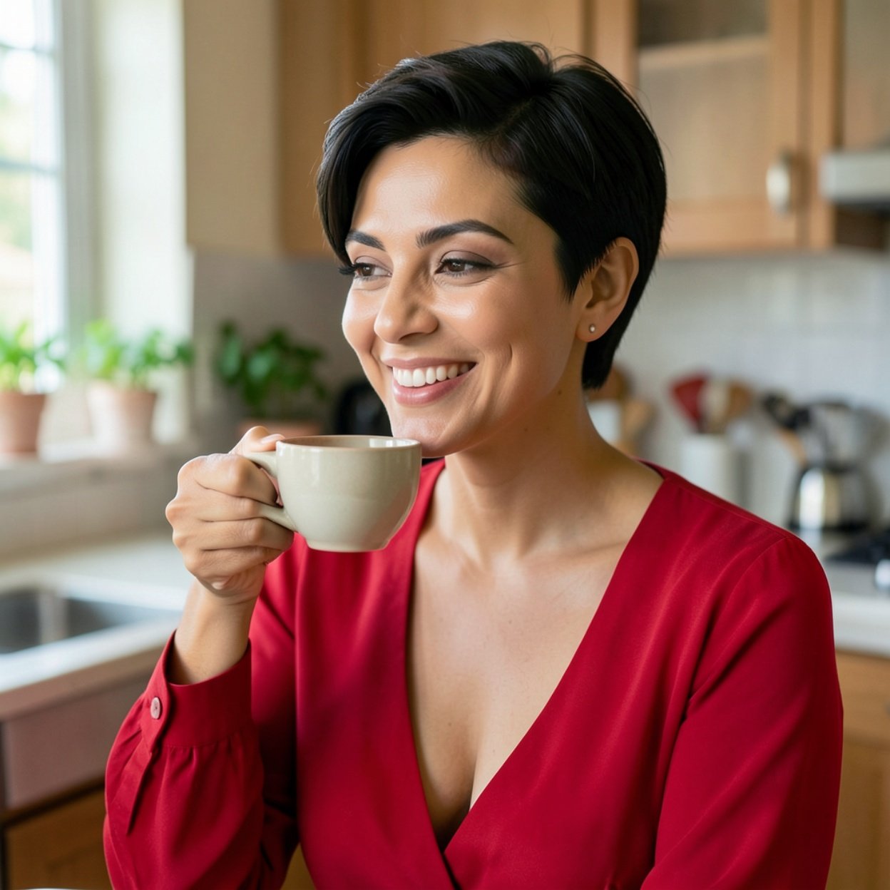 Close-up of a beautiful, smiling Arab woman with short hair, a lovely bust, a red blouse with a low neckline, drinking coffee in her kitchen.