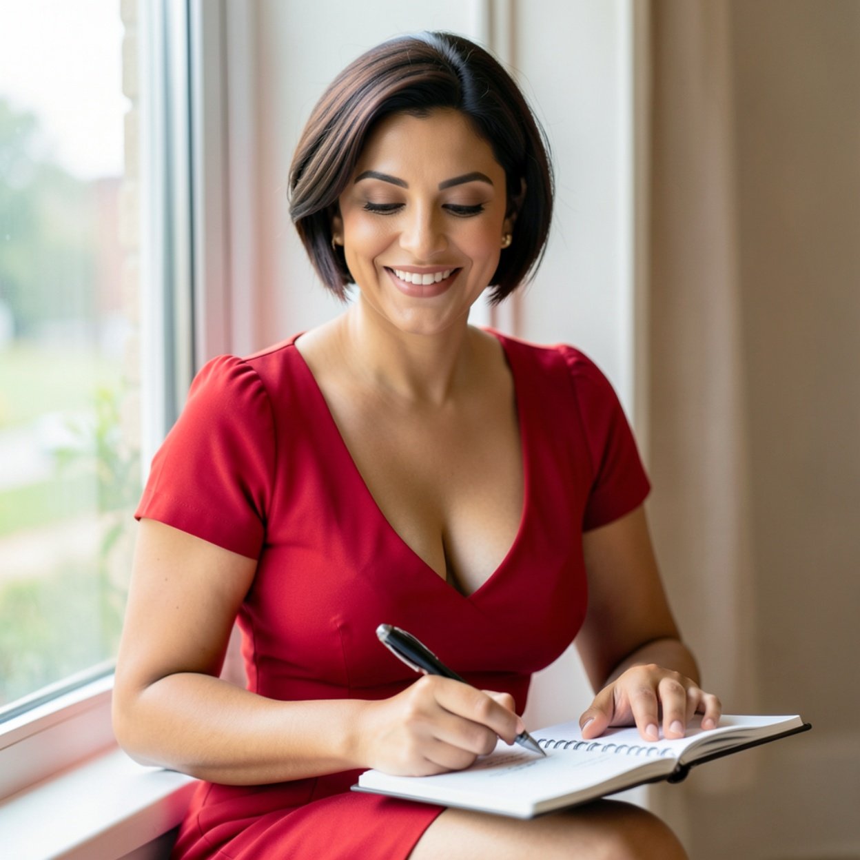 Close-up of a beautiful smiling Arab woman with short hair, a lovely bust, and a short red dress with a low neckline, sitting near the window and taking notes in a notebook.
