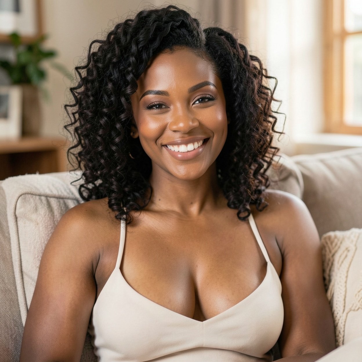 Close-up of a beautiful, smiling Black woman with curly hair and a lovely bust in a calm interior setting, featuring a sophisticated woman relaxing.