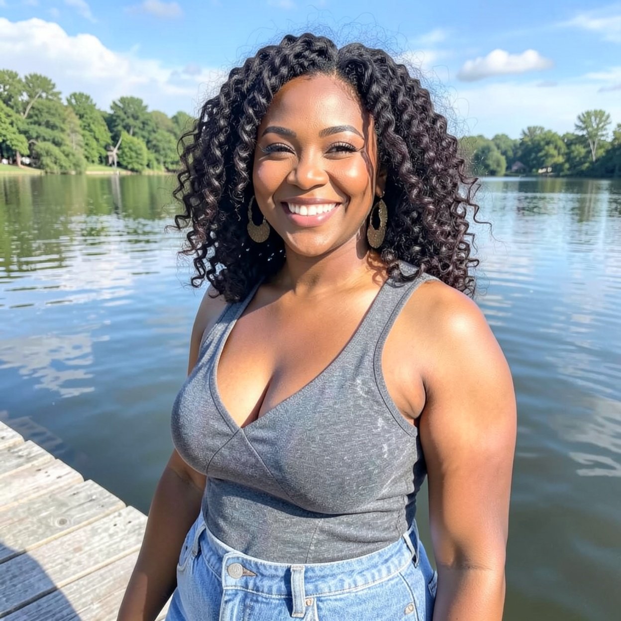 Close-up of a beautiful, smiling Black woman with curly hair and a lovely bust on a lake dock