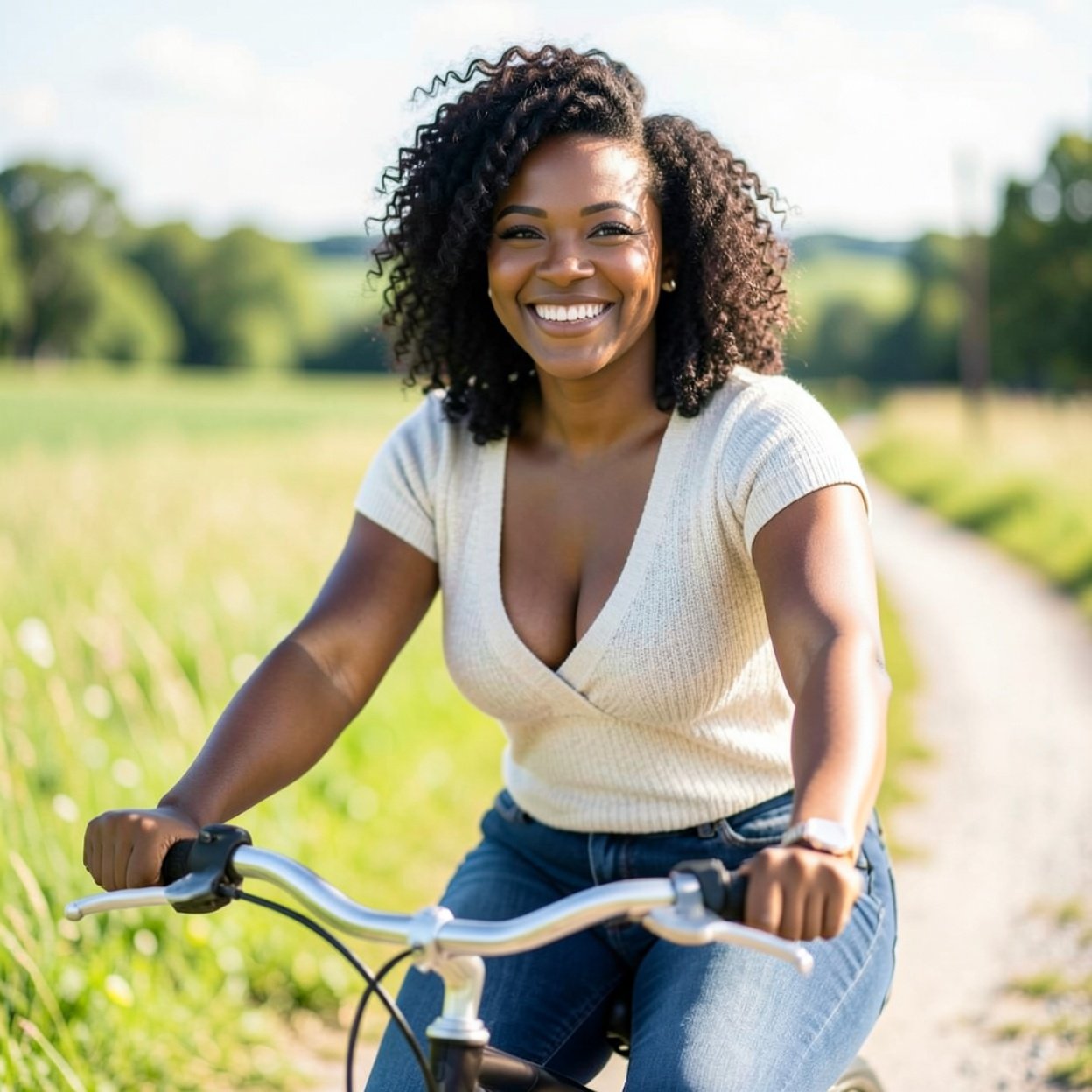 Close-up of a beautiful, smiling Black woman with curly hair and a lovely bust, riding a bicycle in the countryside.