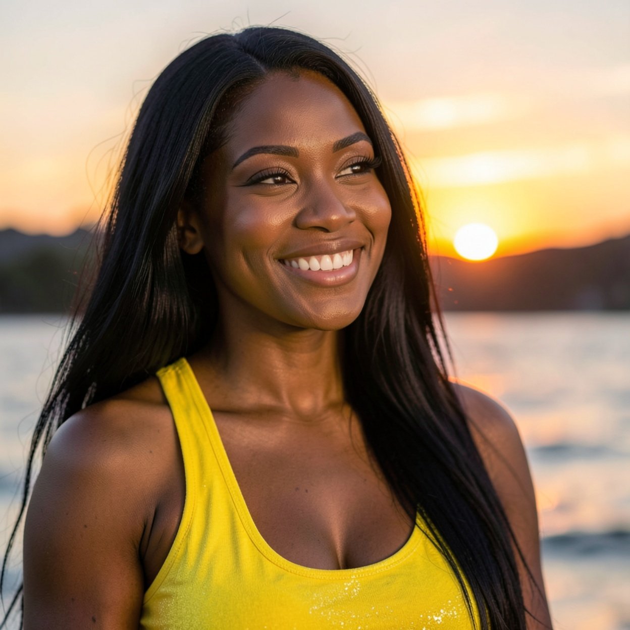 Close-up of a beautiful, smiling Black woman with long black hair, a lovely bust, and a flashy yellow tank top, enjoying the sunset; a peaceful moment captured in warm light and a calm environment.