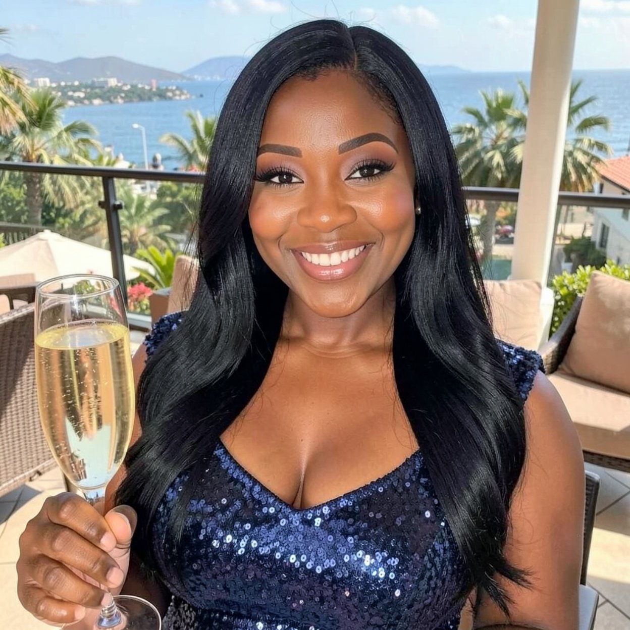 Close-up of a beautiful, smiling Black woman with long black hair and a lovely figure, wearing a navy blue sequined dress on a hotel terrace with a champagne flute