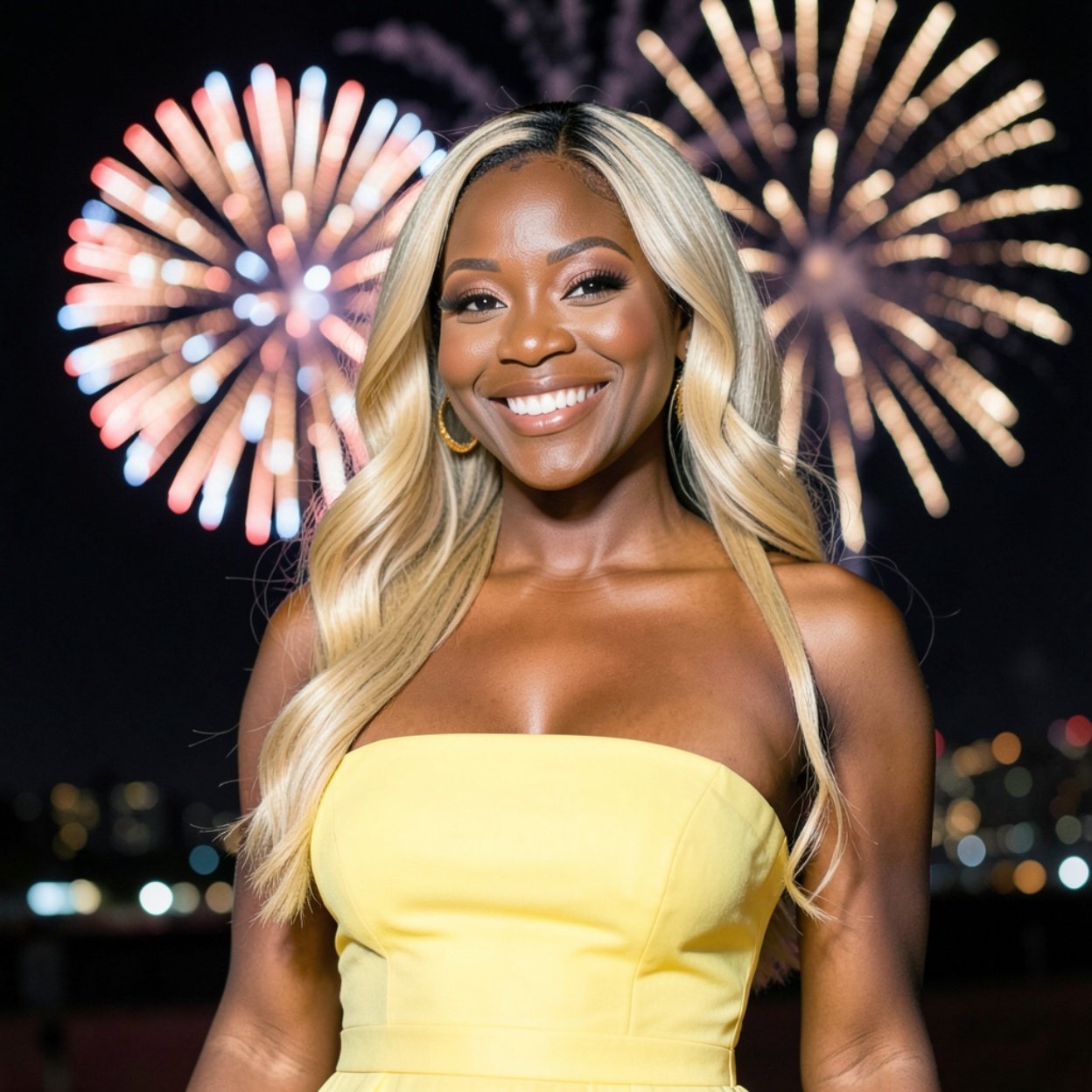 Close-up of a beautiful, smiling Black woman with long blonde hair and a lovely figure, wearing a short, strapless yellow dress in front of a fireworks display.