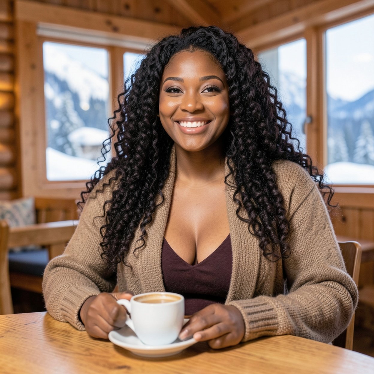 Close-up of a beautiful, smiling Black woman with long, curly hair and a lovely bust, sitting warmly dressed at a table with coffee in a ski chalet.