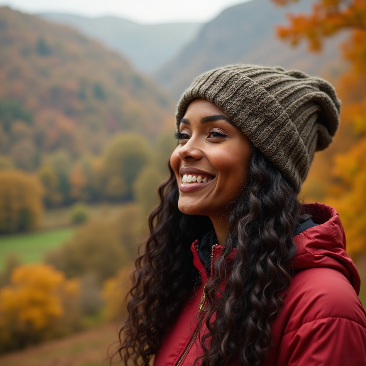 Close-up of a beautiful, smiling Black woman with long, curly hair, wearing a beanie, a lovely figure, and a red jacket, enjoying a magnificent autumn landscape in a nature park in Ireland.