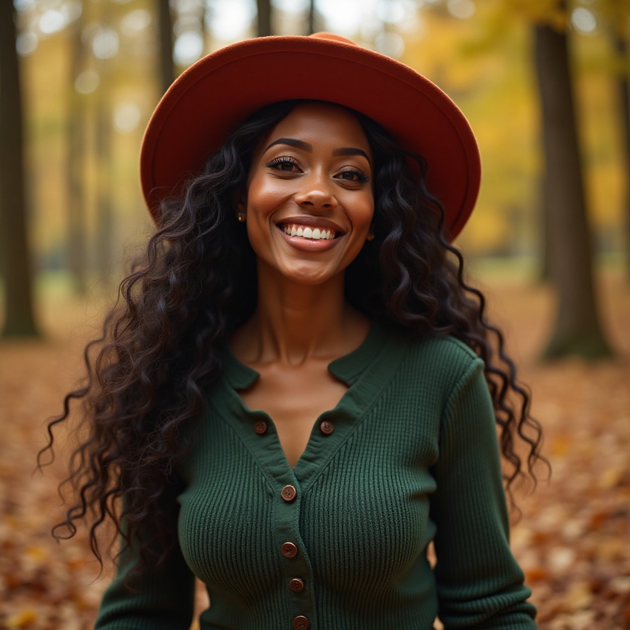 Close-up of a beautiful, smiling Black woman with long hair, a lovely bust, a red hat, and a long-sleeved green sweater, walking and connecting with nature in a deep autumn forest.