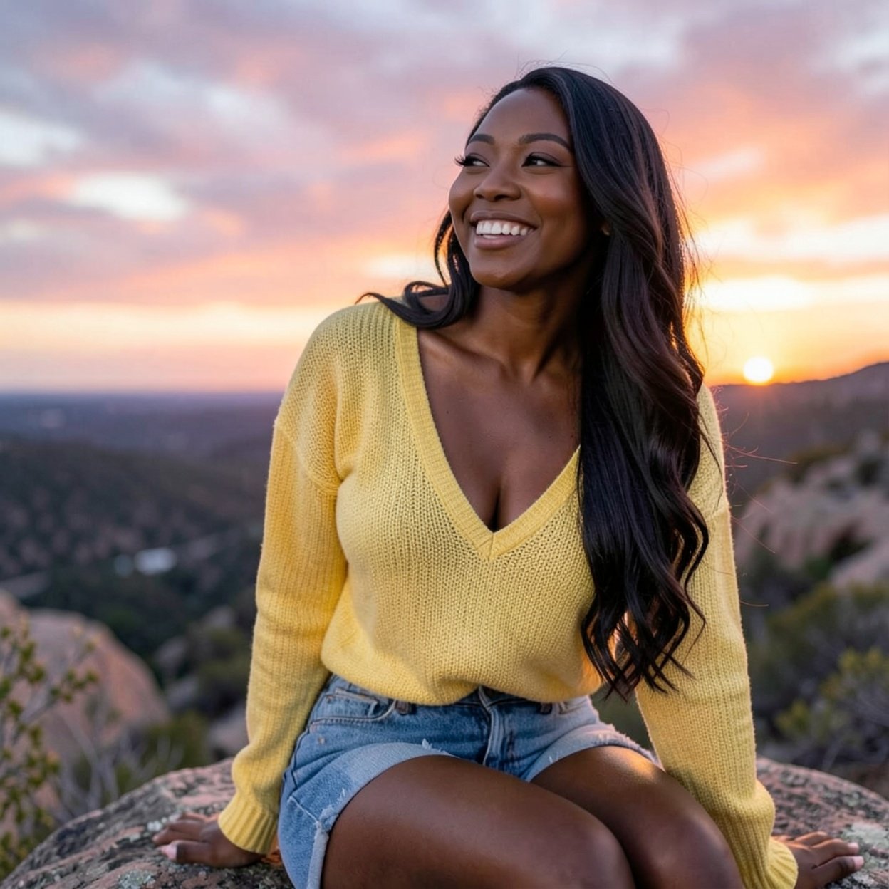 Close-up of a beautiful, smiling Black woman with long hair, a lovely bust, a yellow sweater with a low neckline, and denim shorts, sitting on a rock watching the sky set.