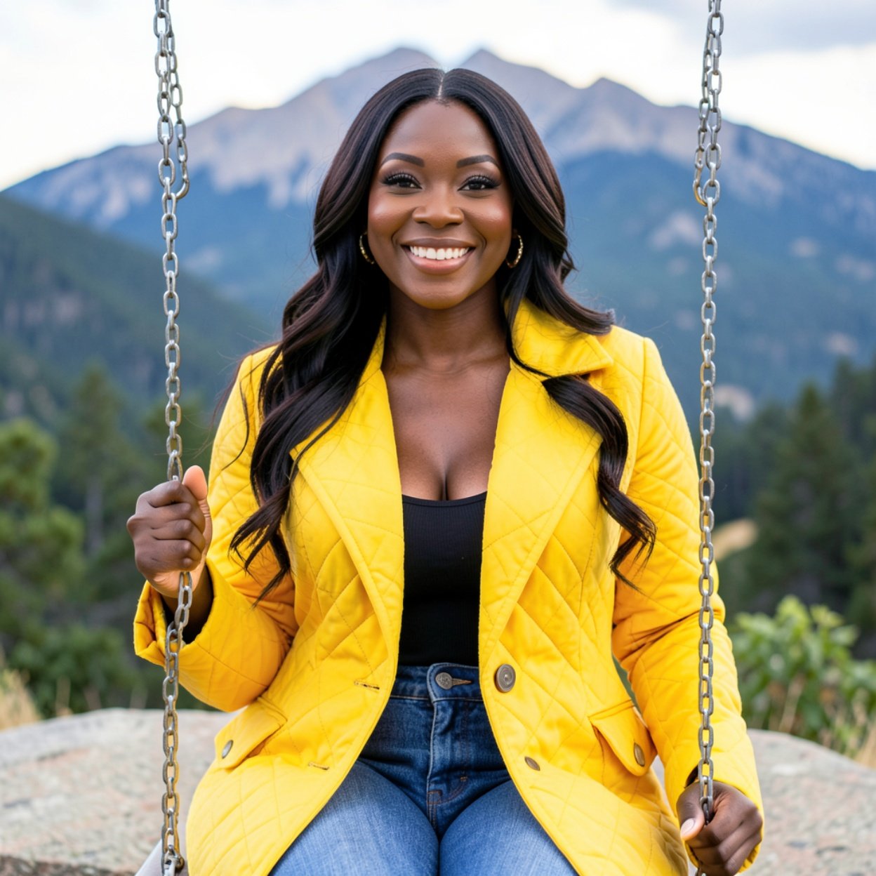 Close-up of a beautiful, smiling Black woman with long hair, a lovely bust, wearing a bright yellow quilted coat and jeans, on a swing in front of the mountain.