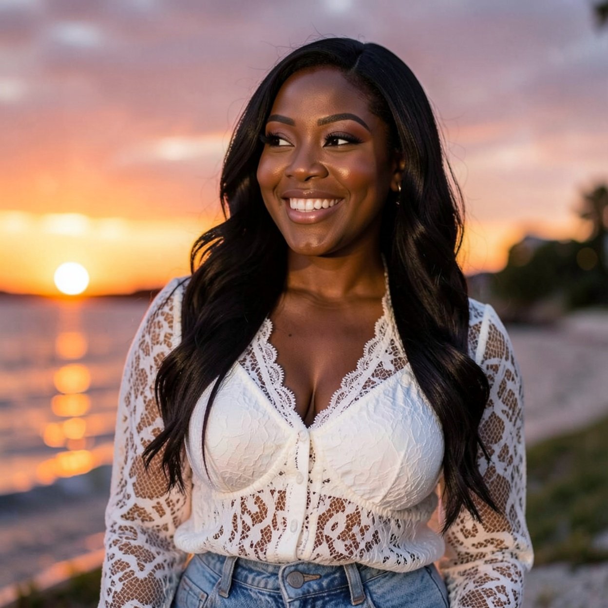 Close-up of a beautiful, smiling Black woman with long hair, a lovely bust, wearing a lace blouse and jeans, watching the sunset