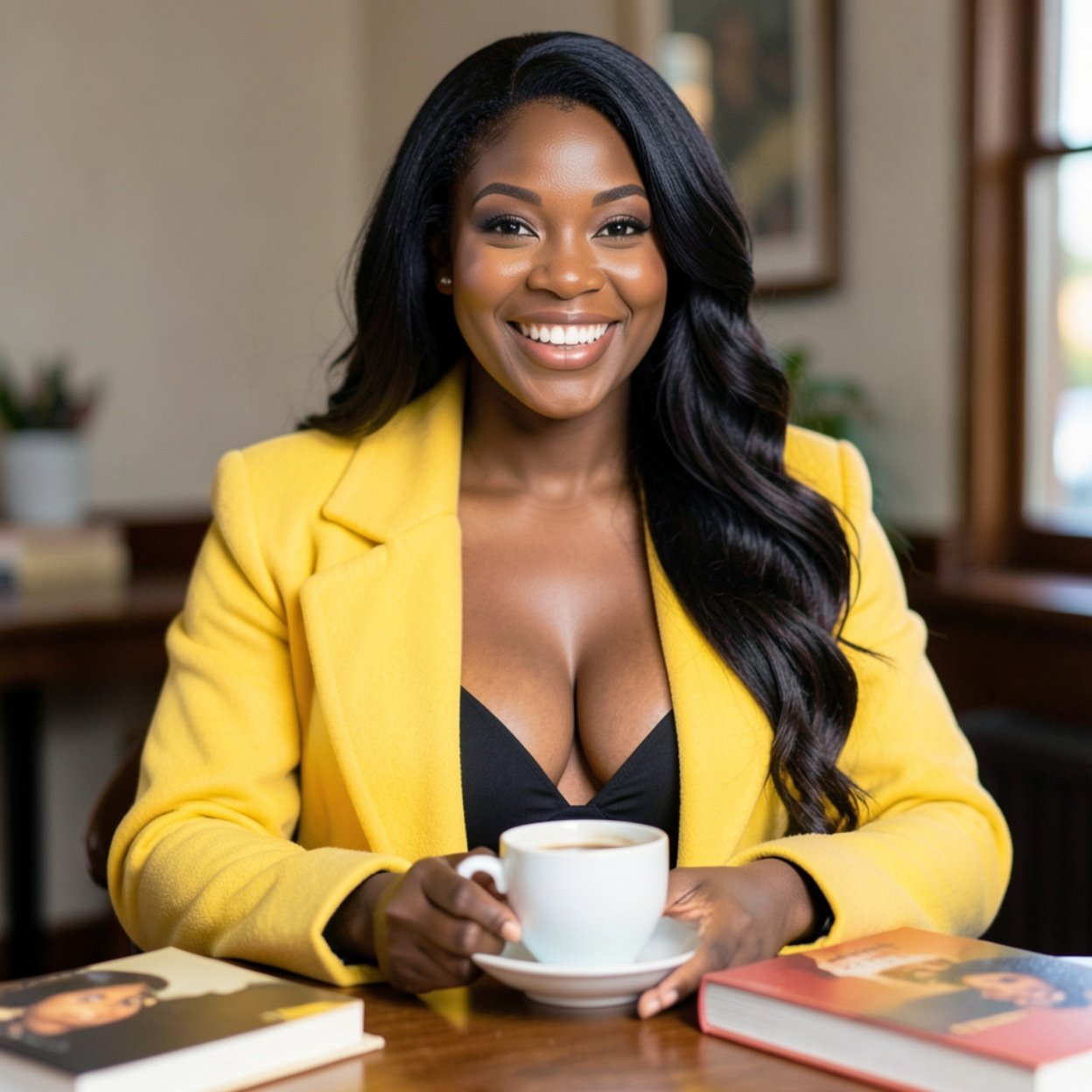 Close-up of a beautiful, smiling Black woman with long hair and a beautiful bust, wearing a yellow coat over her shoulders, sitting at a table with a cup of coffee and some books.