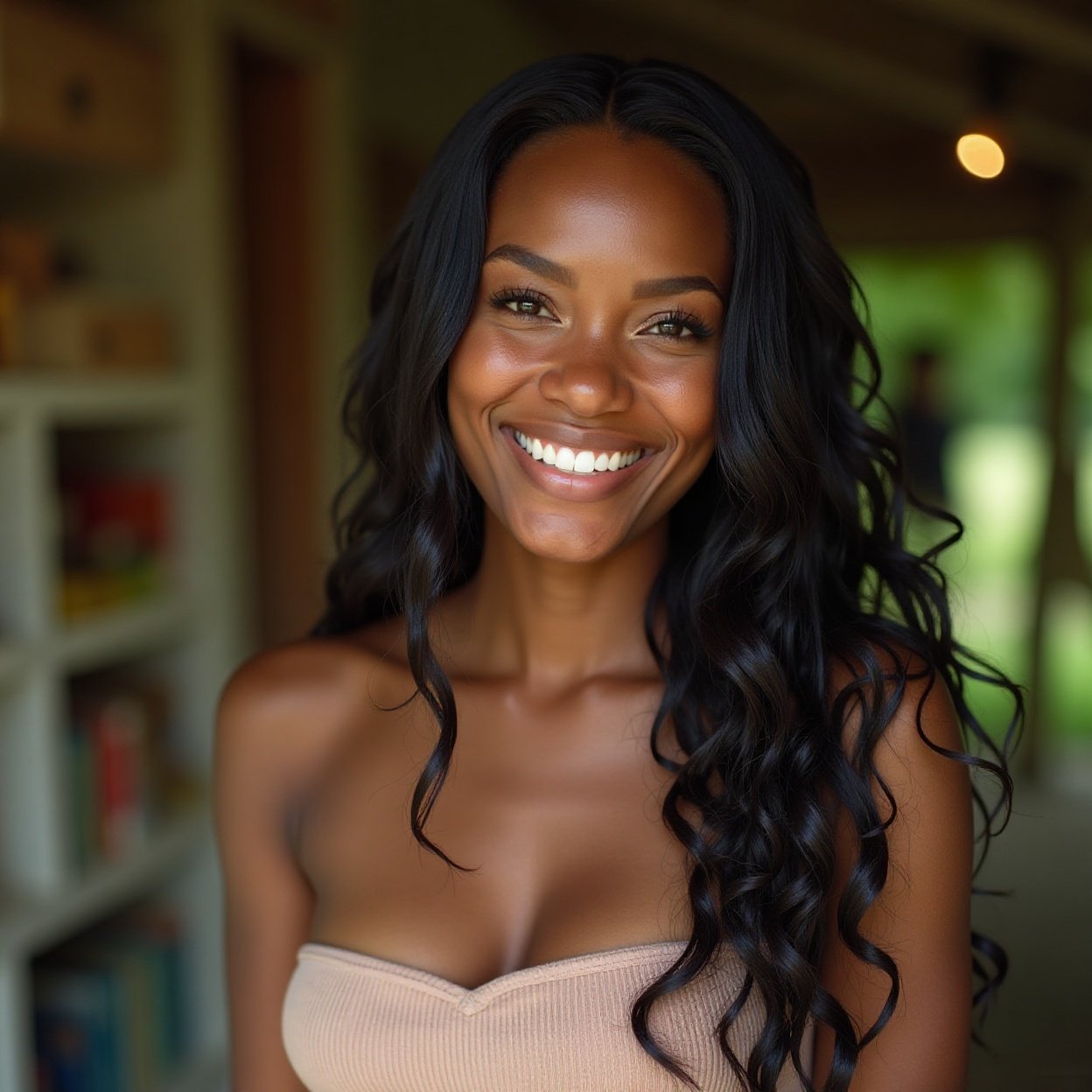 Close-up of a beautiful, smiling Black woman with long hair and a lovely bust, embracing a slower lifestyle in a sustainable shelter