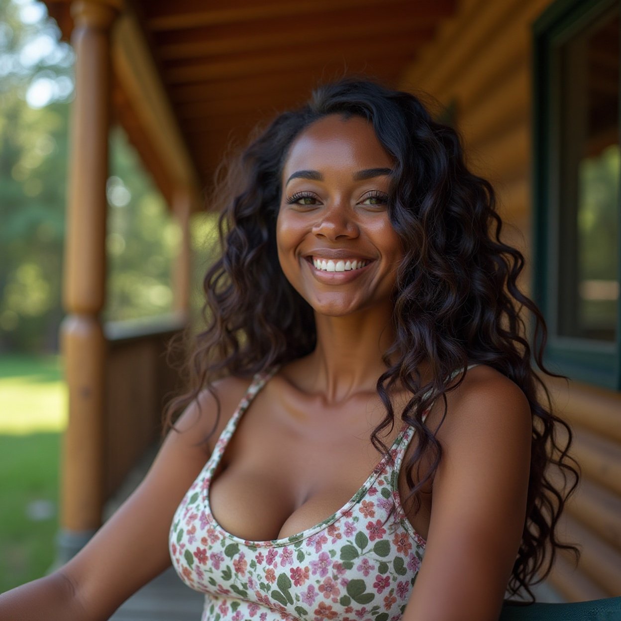 Close-up of a beautiful, smiling Black woman with long hair and a lovely bust, serenely relaxing on the porch of a log cabin while on vacation.