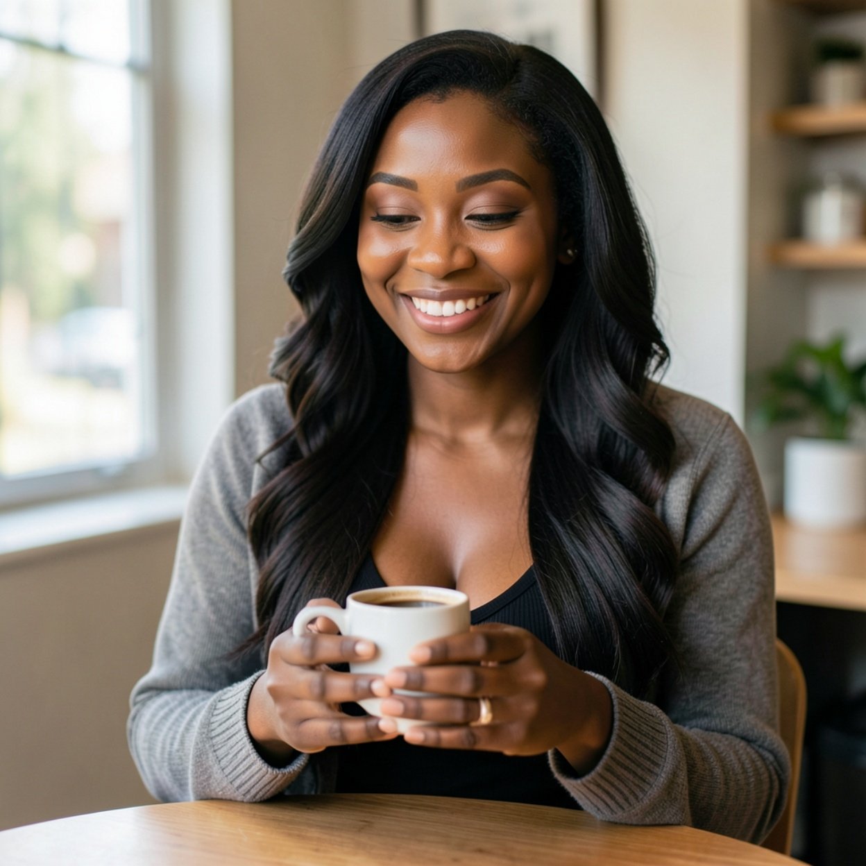 Close-up of a beautiful, smiling Black woman with long hair and a lovely bust, warming her hands over a cup of coffee.