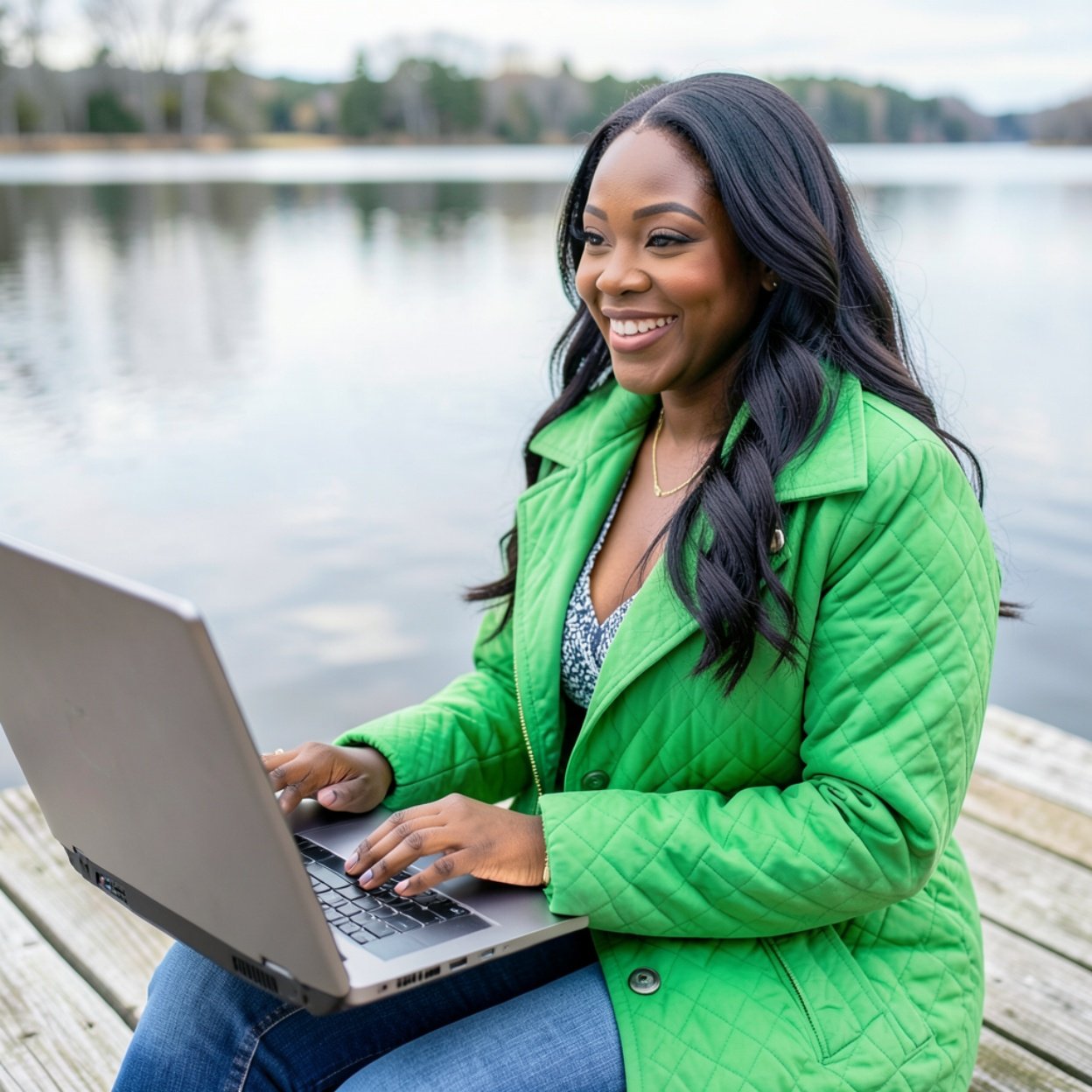 Close-up of a beautiful, smiling Black woman with long hair and a lovely bust, wearing a bright green quilted coat and jeans, on a wooden dock overlooking a lake, using a computer.