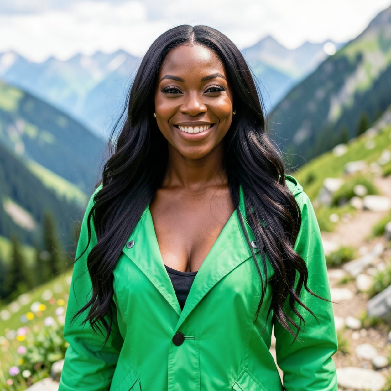 Close-up of a beautiful, smiling Black woman with long hair and a lovely bust, wearing a bright green raincoat, walking in the mountains.