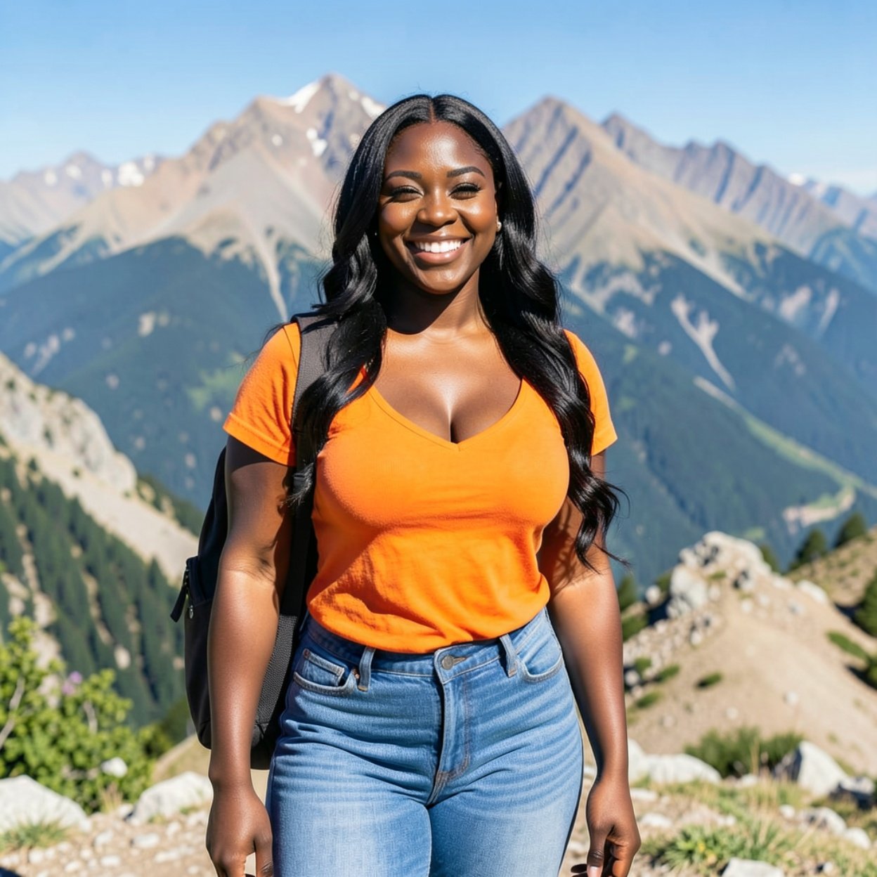 Close-up of a beautiful, smiling Black woman with long hair and a lovely bust, wearing a bright orange low-cut t-shirt and jeans with a backpack, standing in front of the mountain.