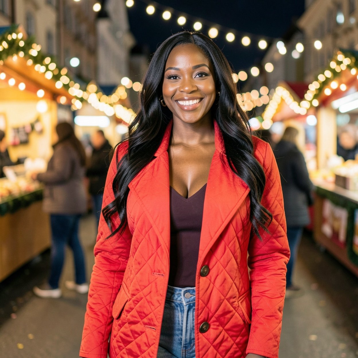 Close-up of a beautiful, smiling Black woman with long hair and a lovely bust, wearing a bright red quilted coat and jeans, enjoying the lights and sounds of the Christmas market.