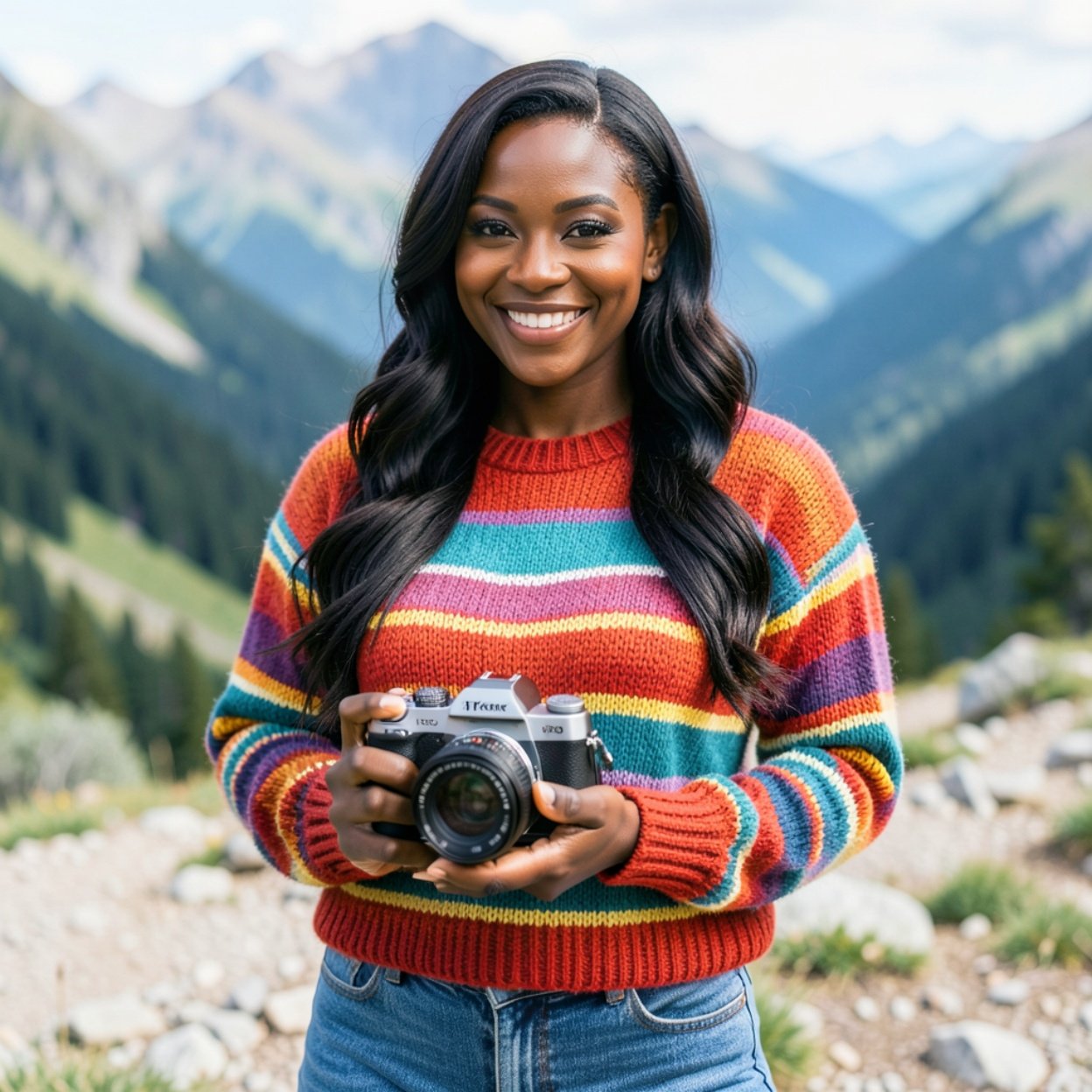 Close-up of a beautiful, smiling Black woman with long hair and a lovely bust, wearing a flashy striped wool sweater and jeans, holding a camera in the mountains.