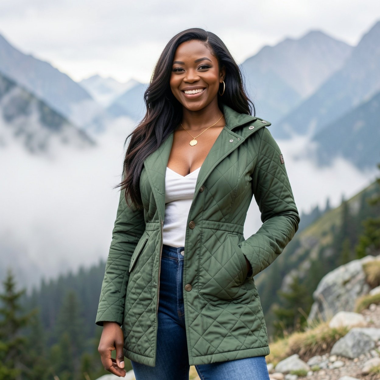Close-up of a beautiful, smiling Black woman with long hair and a lovely bust, wearing a green quilted coat and jeans, with mist in the mountains.