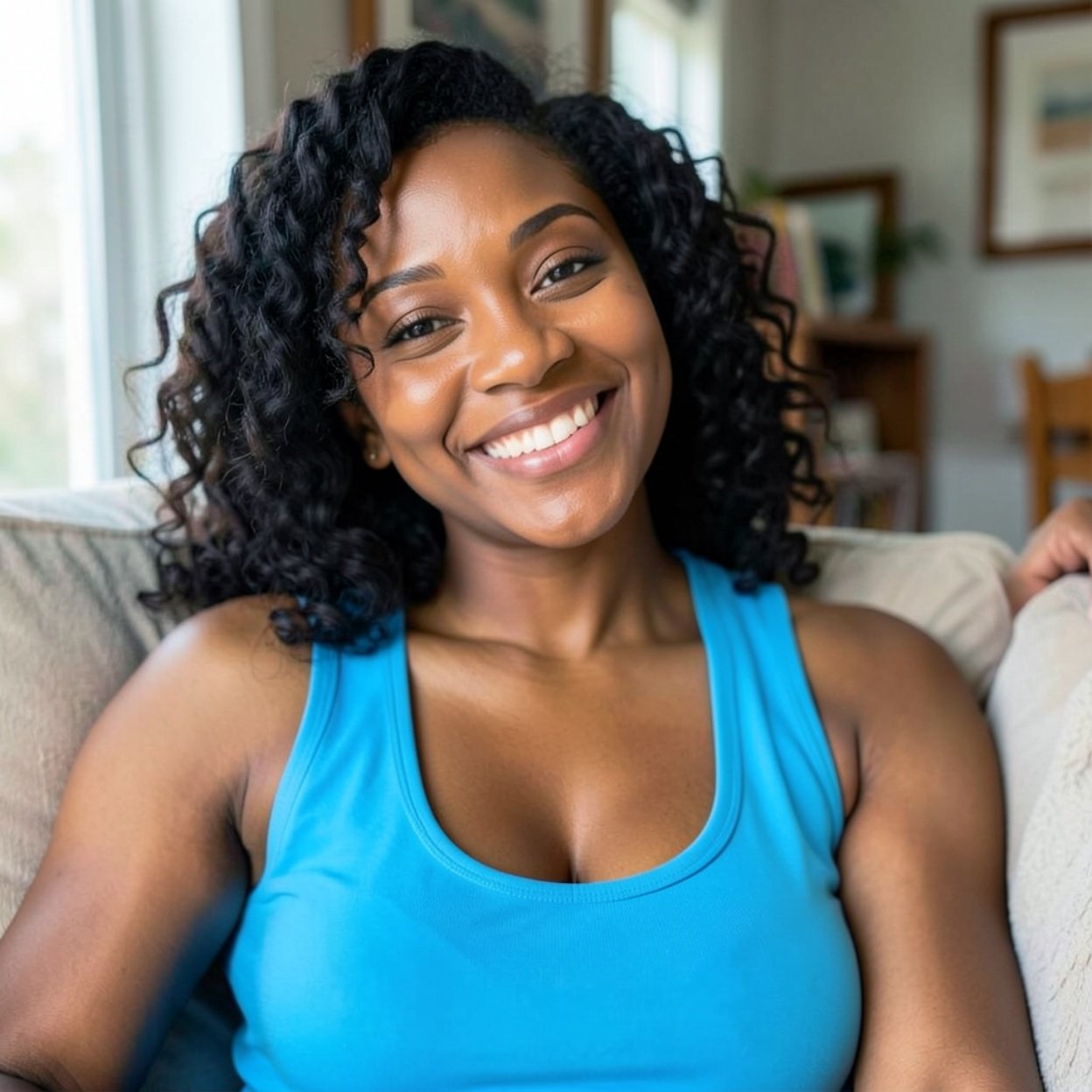 Close-up of a beautiful, smiling Black woman with lovely hair and a beautiful bust, relaxing at home in a bright blue tank top, enjoying the peace and quiet of her home.