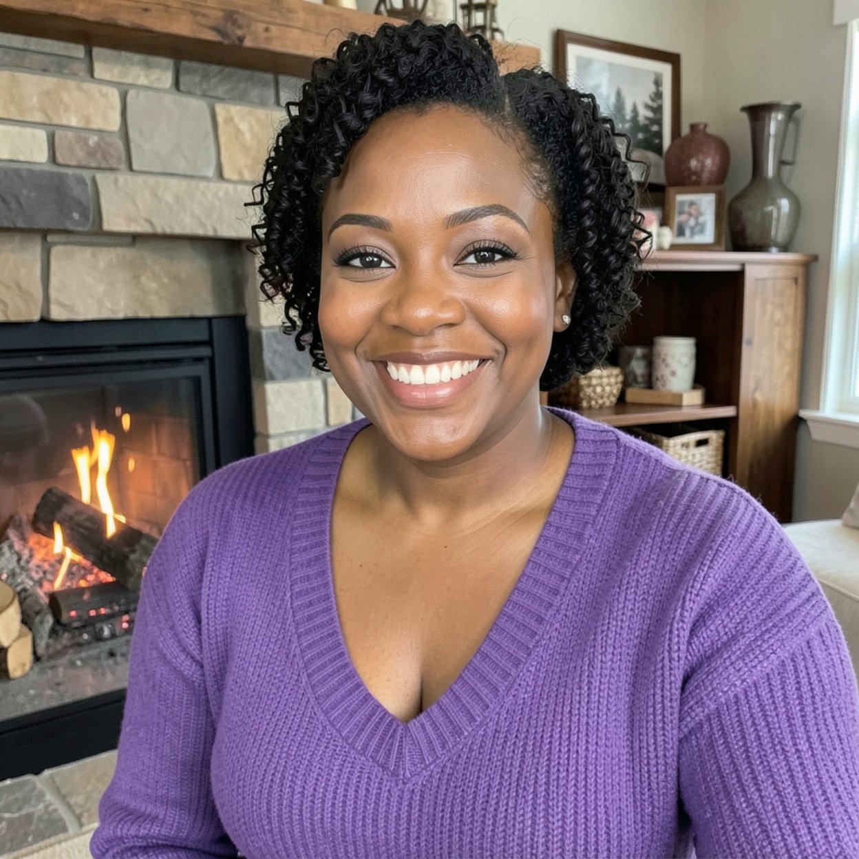 Close-up of a beautiful smiling Black woman with short curly hair, a lovely bust, wearing a fashionable purple sweater with a low neckline, in her living room with a fireplace and a wood fire lit in winter.