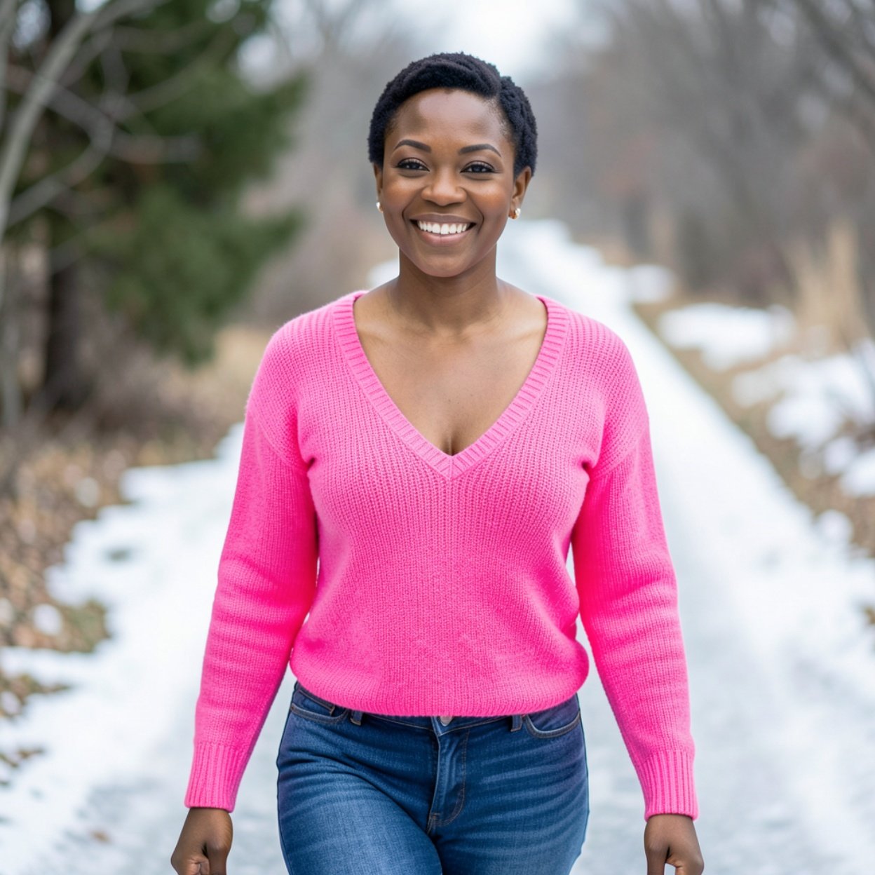 Close-up of a beautiful, smiling Black woman with short hair, a lovely bust, wearing a bright pink sweater with a low neckline and jeans, walking on an ice path.