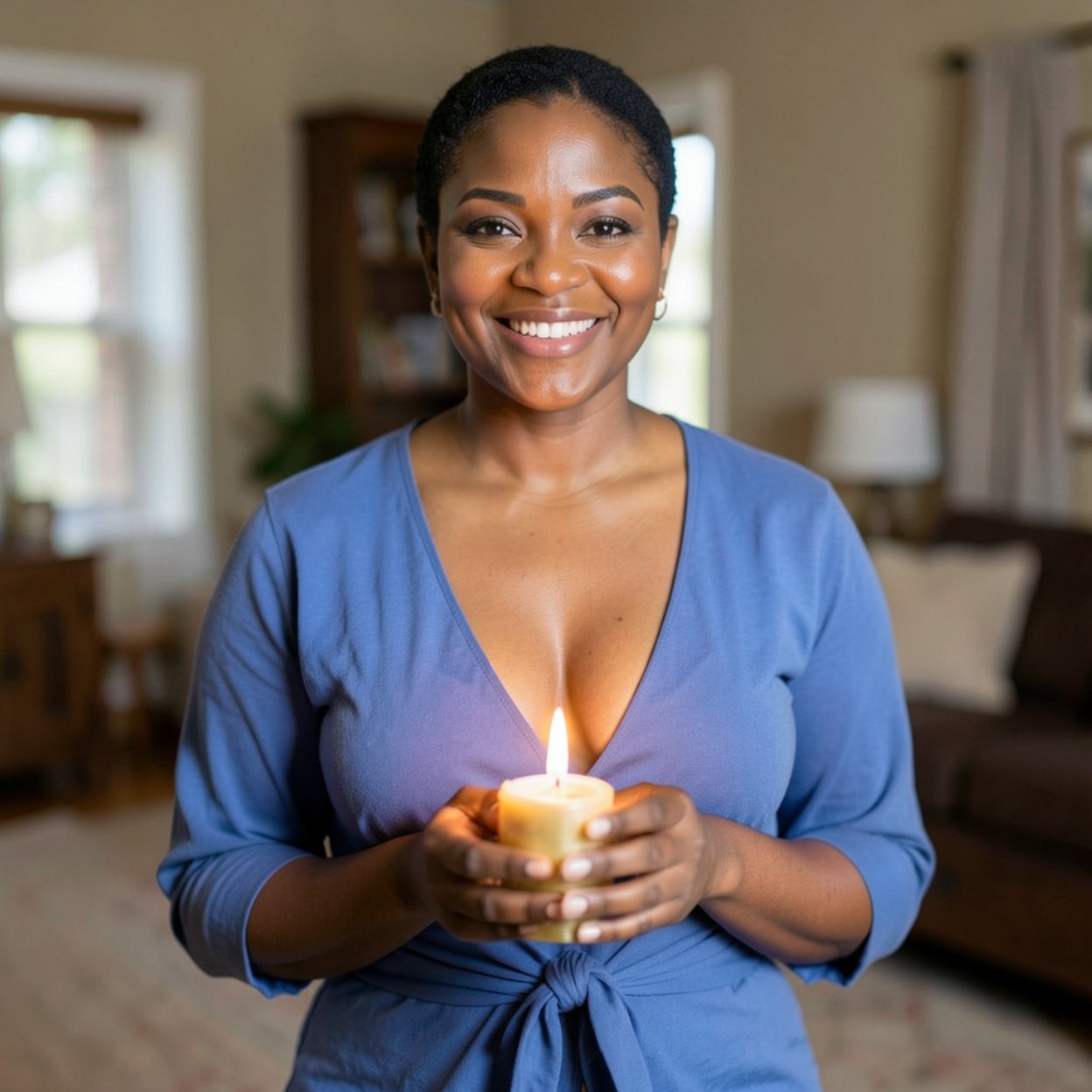 Close-up of a beautiful, smiling Black woman with short hair and a beautiful bust, in her home, wearing a blue shirt tied at the waist and a low-cut top, holding a candle in her hands.