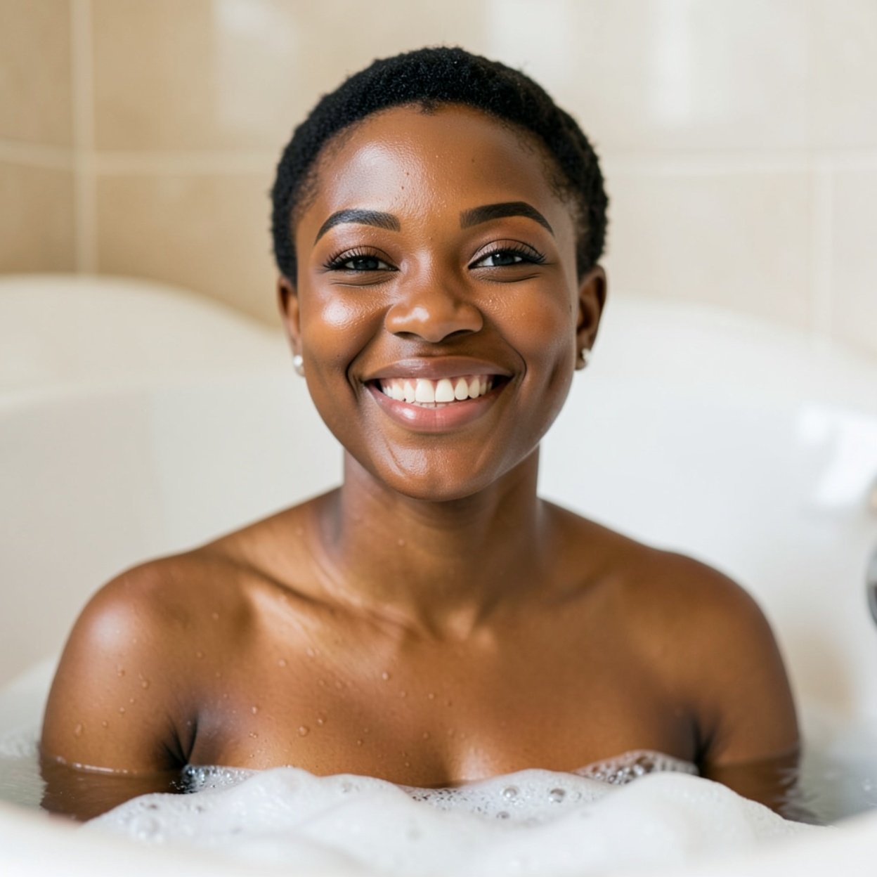 Close-up of a beautiful, smiling Black woman with short hair and a lovely bust, who is in her bathtub.