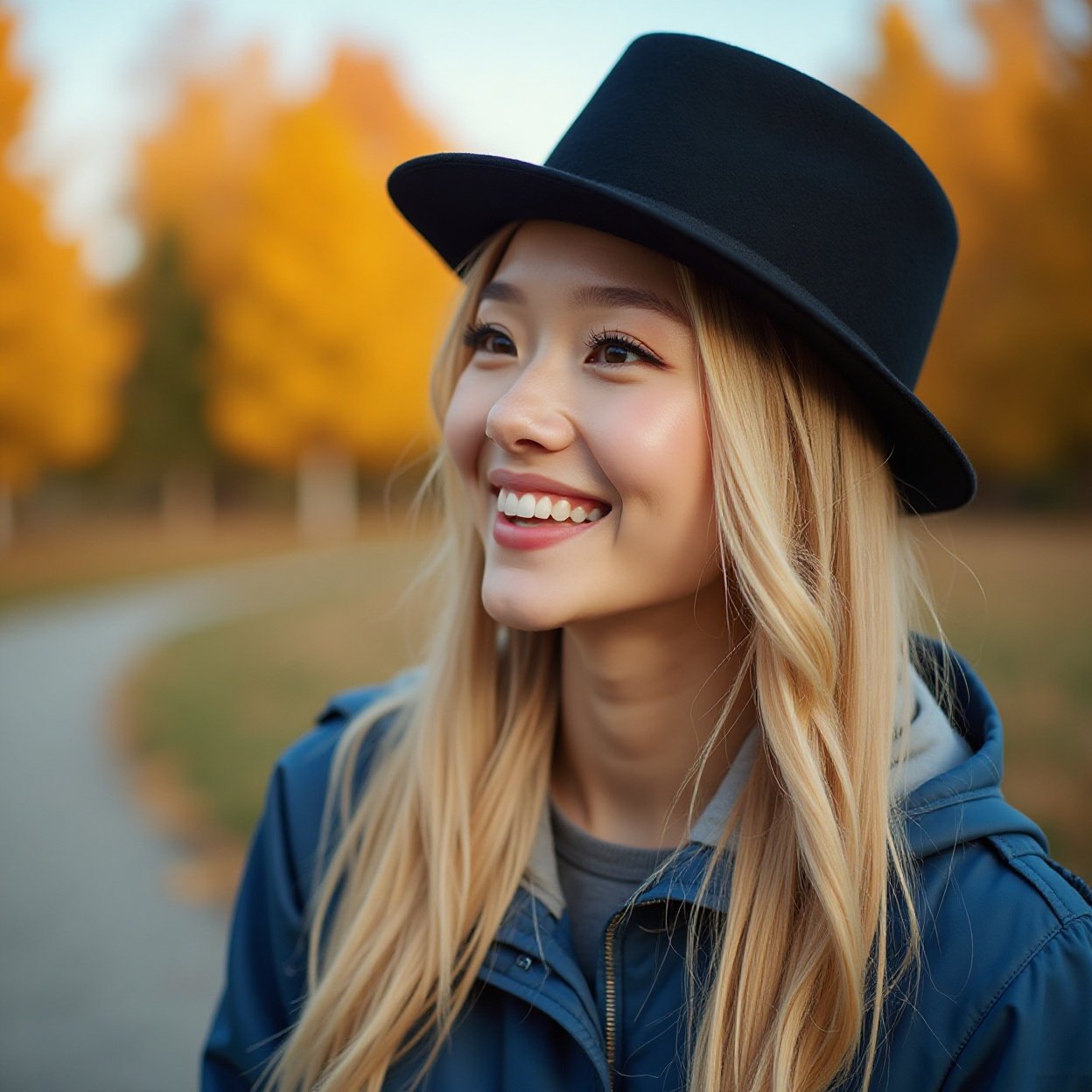 Close-up of a beautiful, smiling Arab woman with long black hair, a yellow hat, a lovely figure, and a black jacket, enjoying a magnificent autumn landscape in a Canadian nature park.