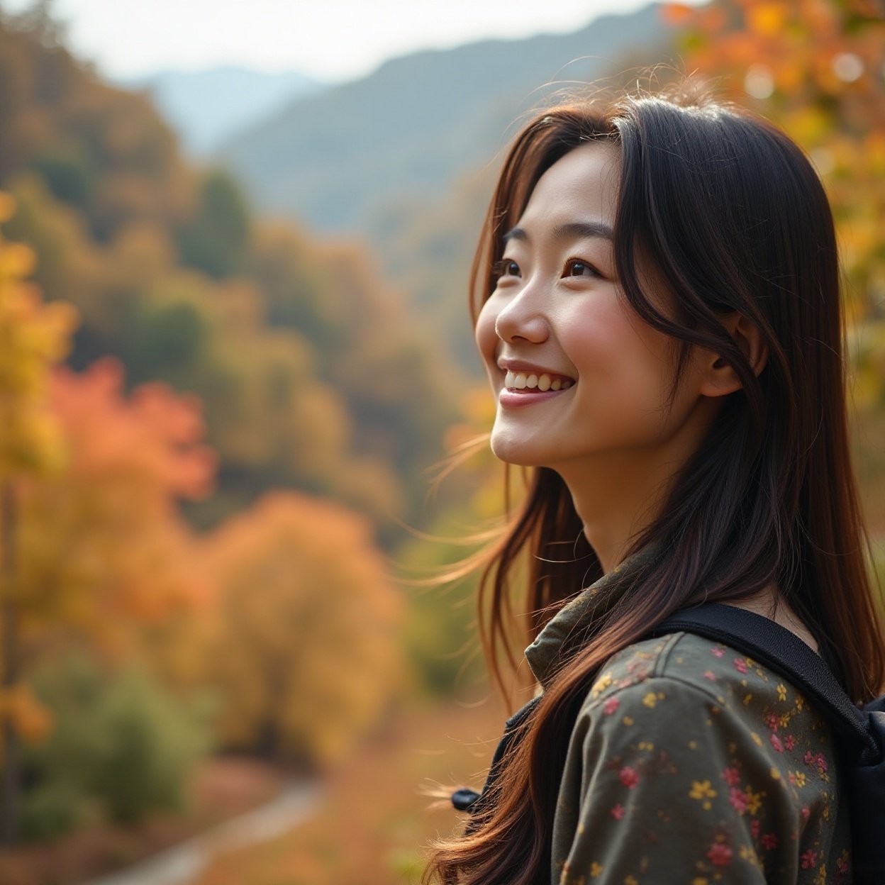 Close-up of a beautiful smiling Chinese woman, long hair, beautiful breasts, hiking and contemplating a picturesque landscape of autumn foliage.