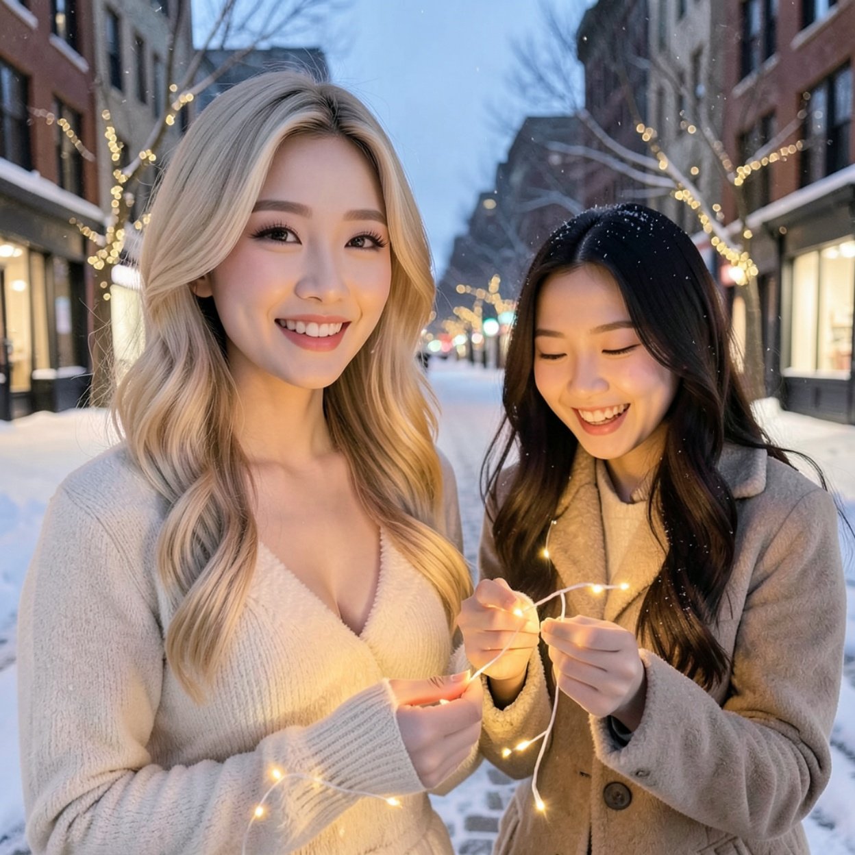 Close-up of a beautiful smiling Chinese woman with blonde hair and a lovely bust, accompanied by a happy young woman playing with fairy lights on a winter evening in the city.